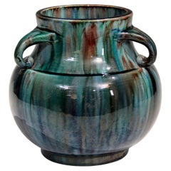 Awaji Pottery Art Deco Japanese Vintage Vase Blue Flambe Glaze