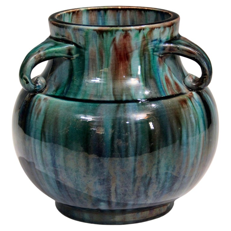 Awaji Pottery Art Deco Japanese Vintage Vase Blue Flambe Glaze For Sale