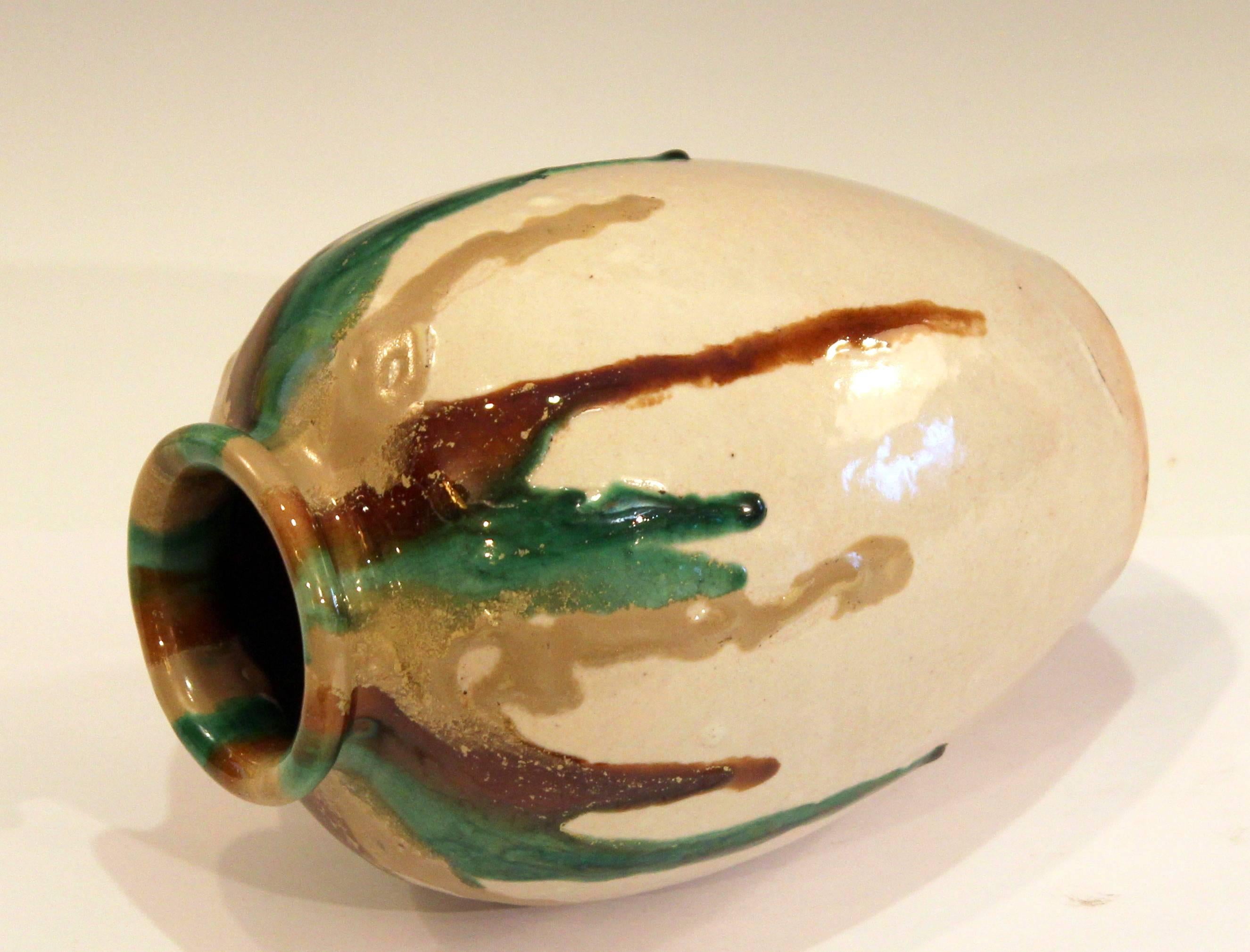 Japanese Awaji Pottery Art Deco Vase in Tricolor Drip Glaze For Sale