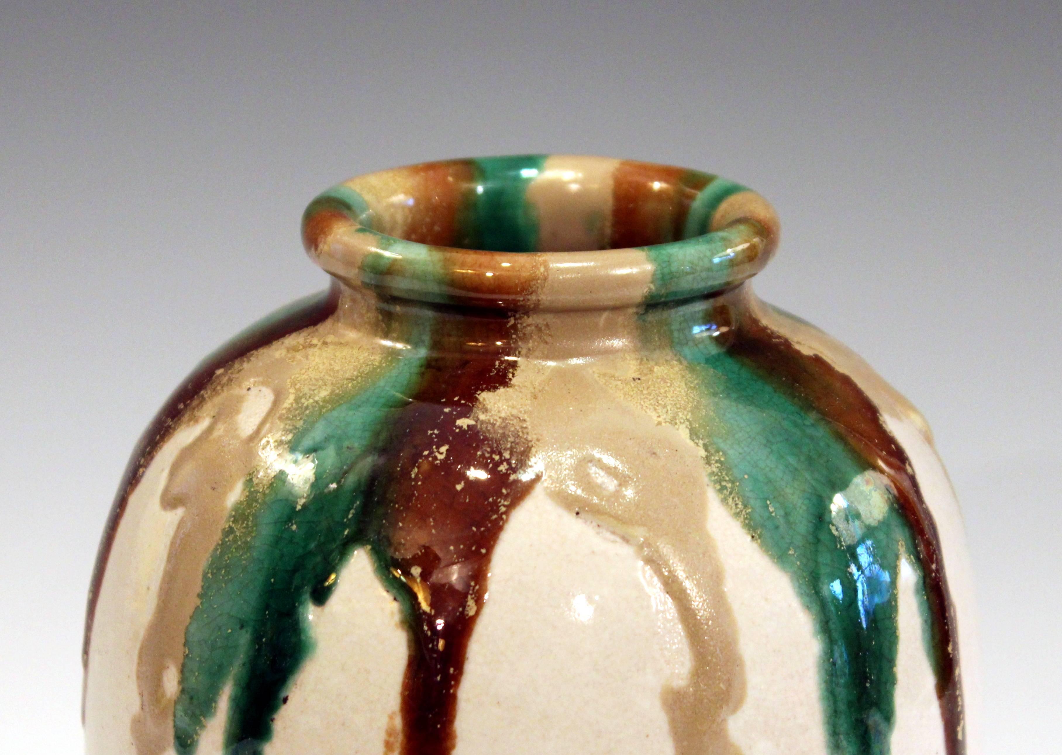 Turned Awaji Pottery Art Deco Vase in Tricolor Drip Glaze For Sale