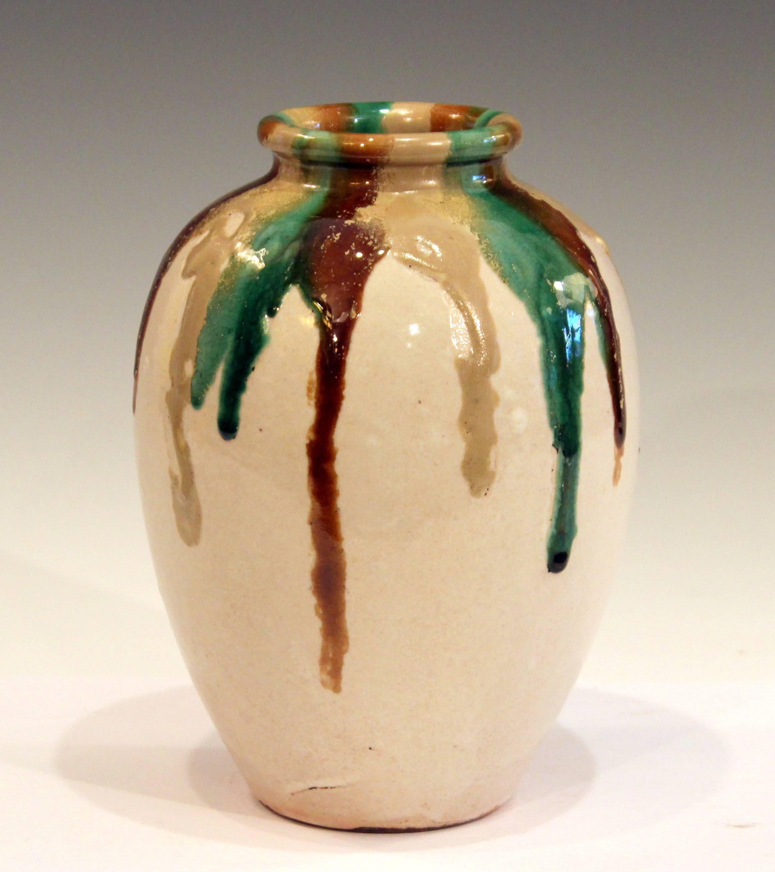 Awaji Pottery Art Deco Vase in Tricolor Drip Glaze In Excellent Condition For Sale In Wilton, CT