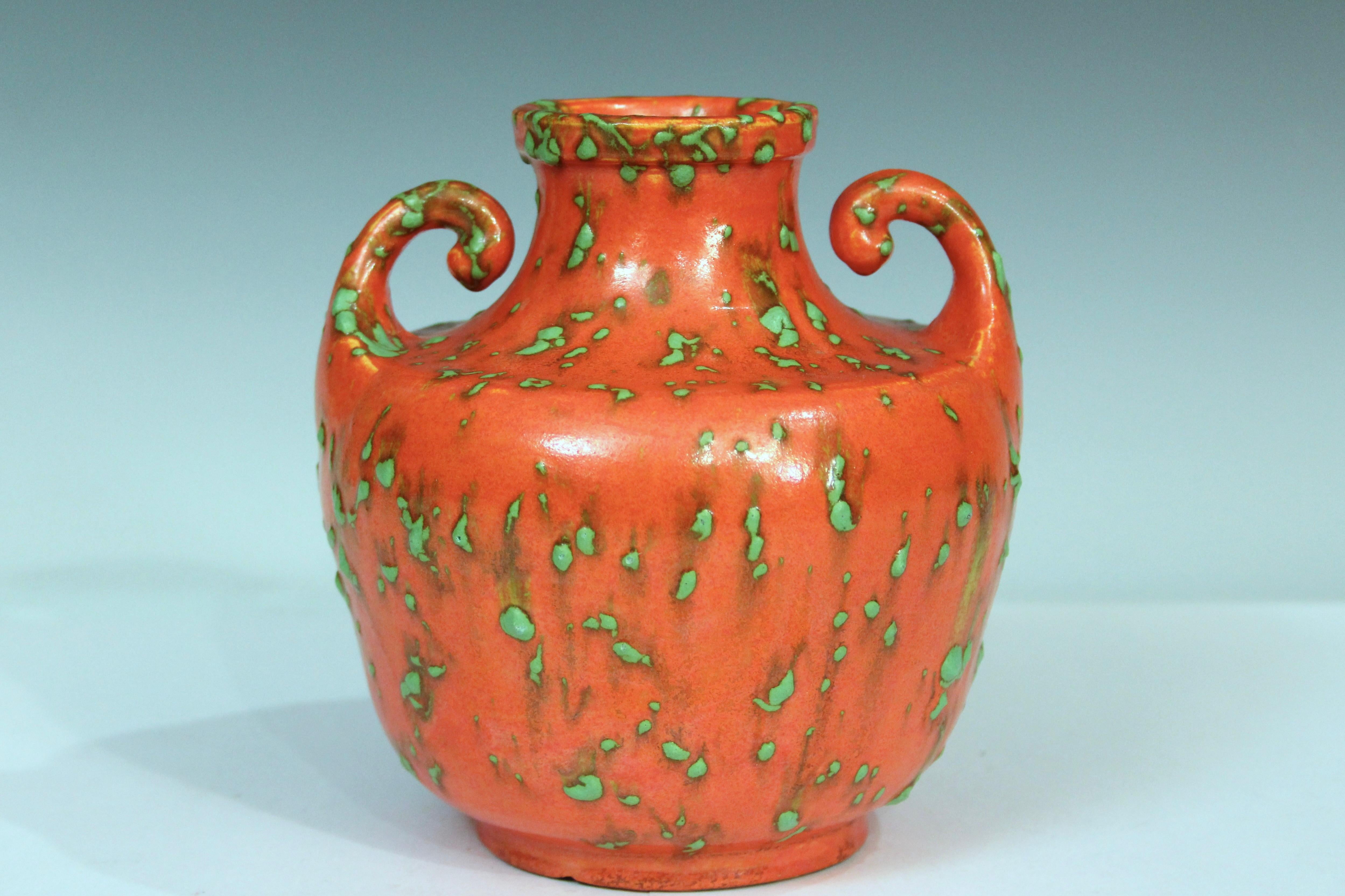 Antique Awaji pottery vase in terrific mottled chrome orange glaze. Circa 1930. 5 1/2