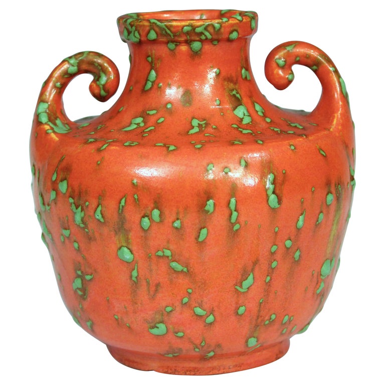 Awaji Pottery Atomic Chrome Orange Art Deco Vase Vintage