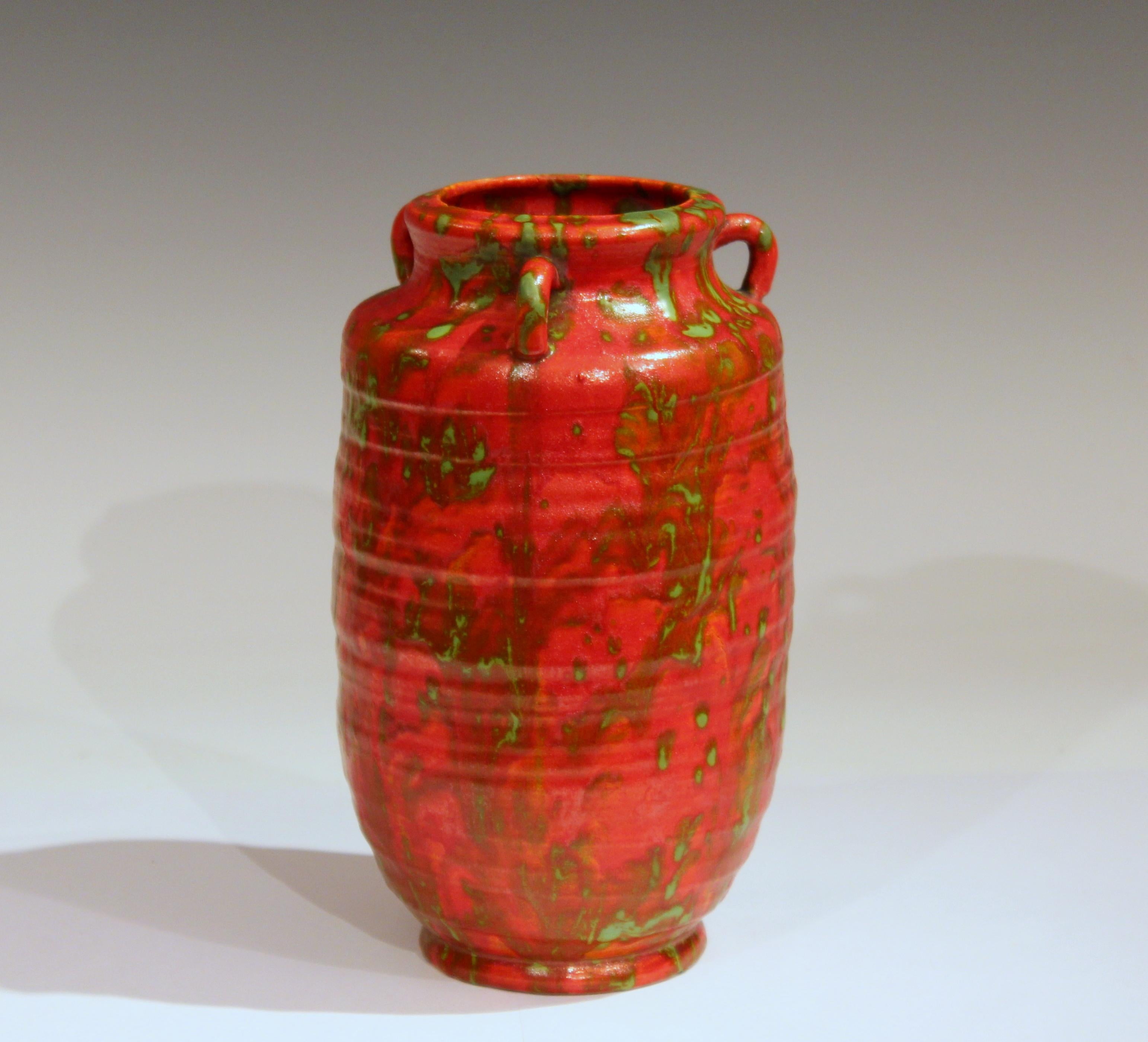 Turned Awaji Pottery Atomic Chrome Red Art Deco Hot Lava Japanese Vase For Sale