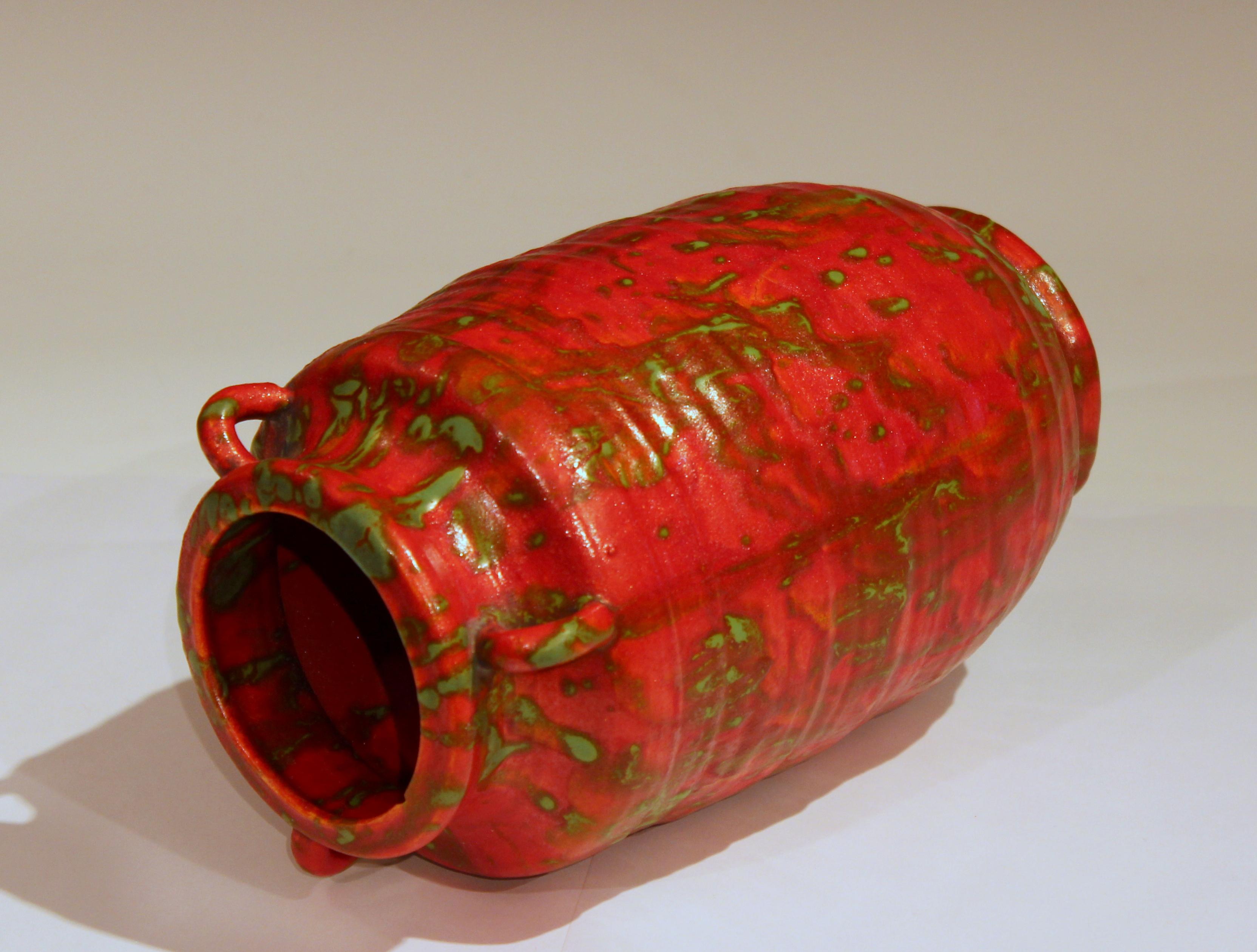 Awaji Pottery Atomic Chrome Red Art Deco Hot Lava Japanese Vase In Excellent Condition For Sale In Wilton, CT