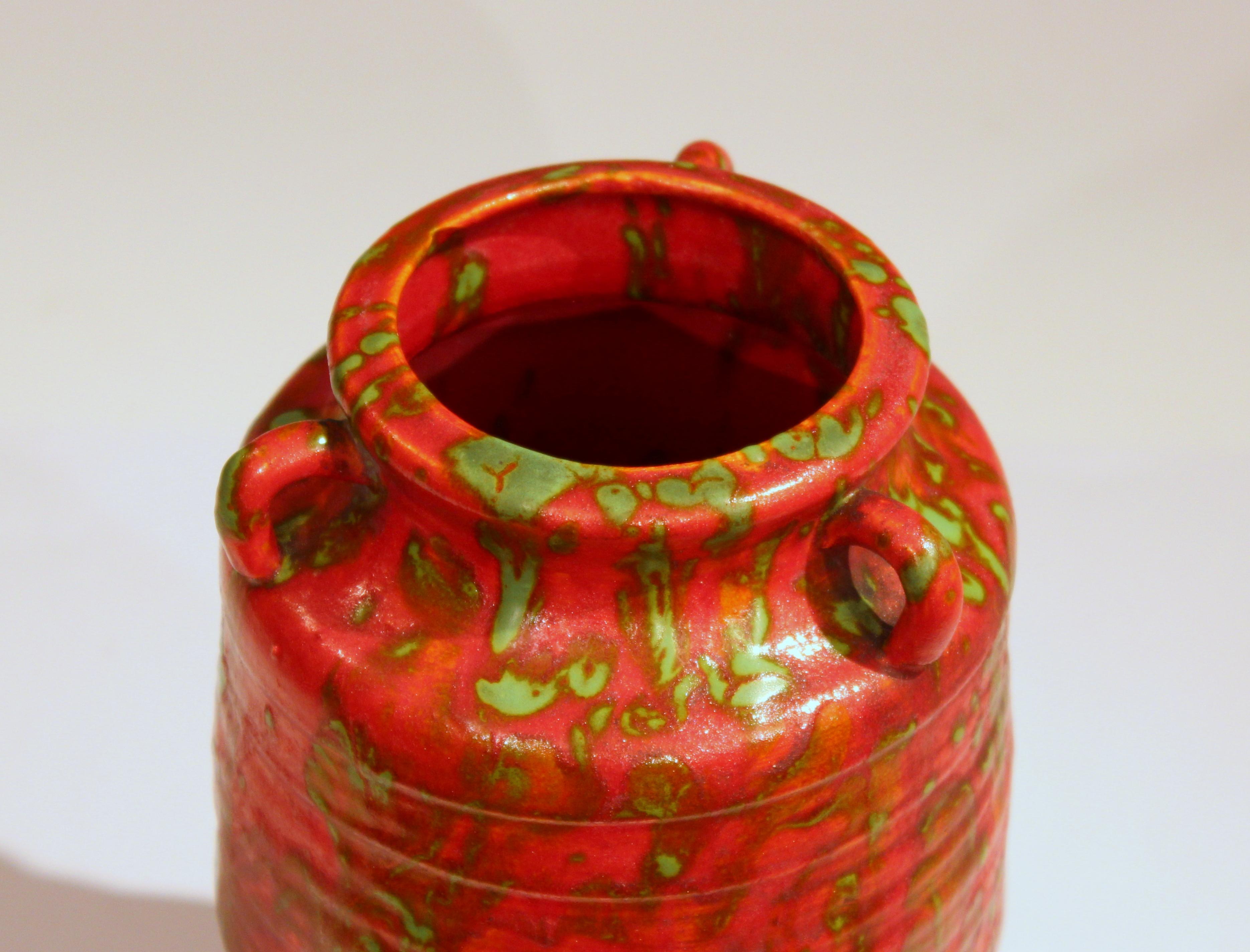 Awaji Pottery Atomic Chrome Red Art Deco Hot Lava Japanese Vase For Sale 2
