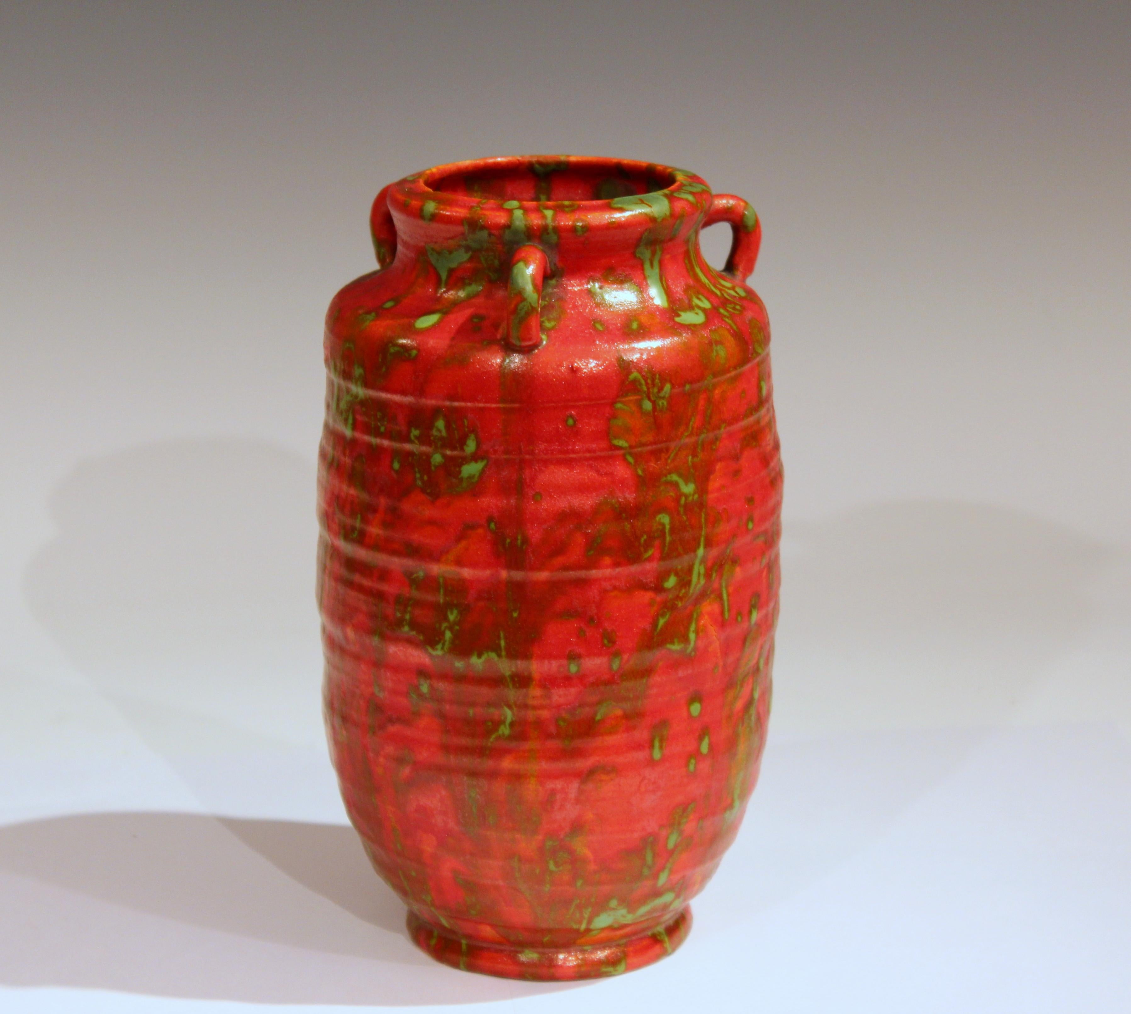 Awaji Pottery Atomic Chrome Red Art Deco Hot Lava Japanese Vase For Sale 3