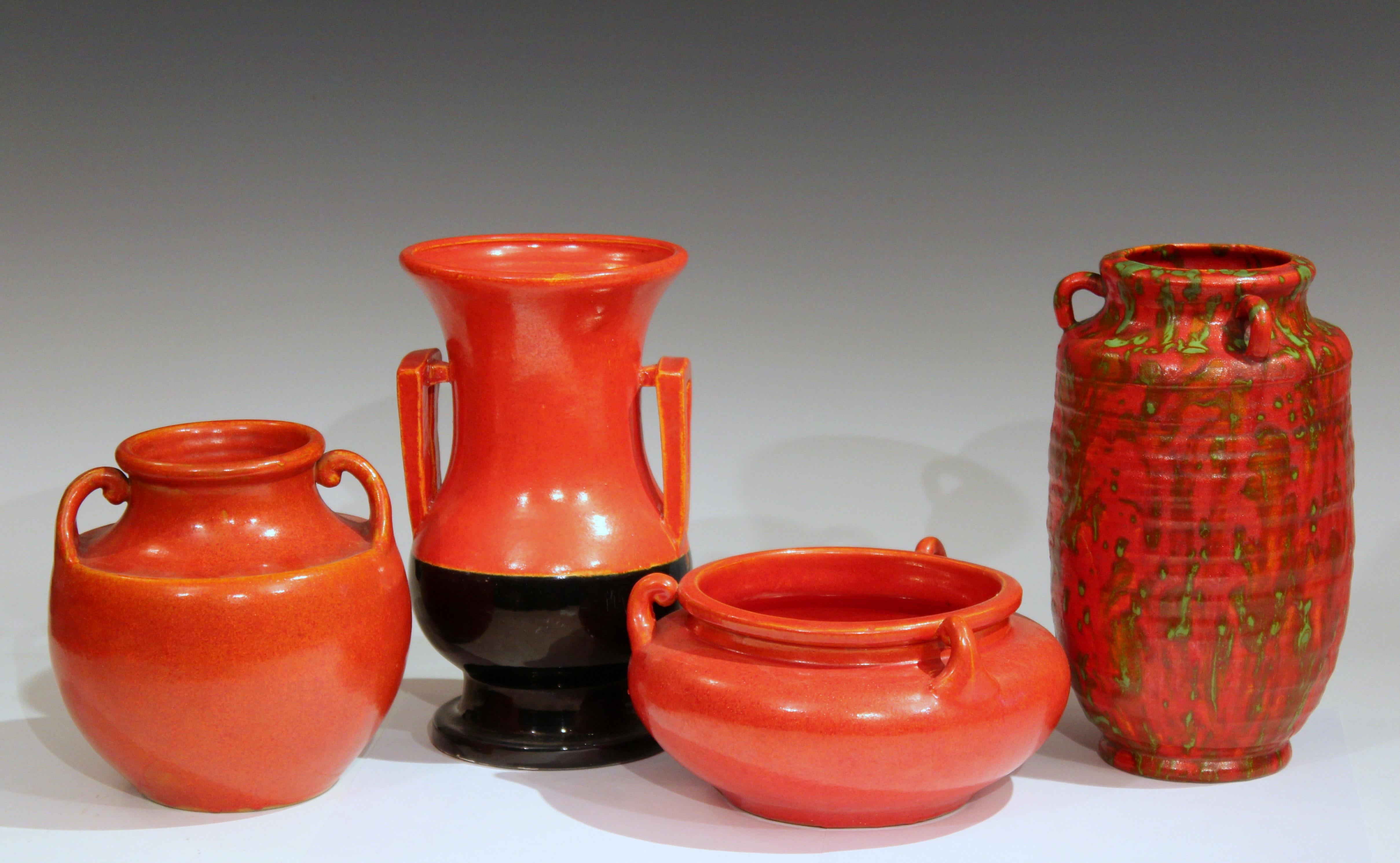 Awaji Pottery Atomic Chrome Red Art Deco Hot Lava Japanese Vase For Sale 4
