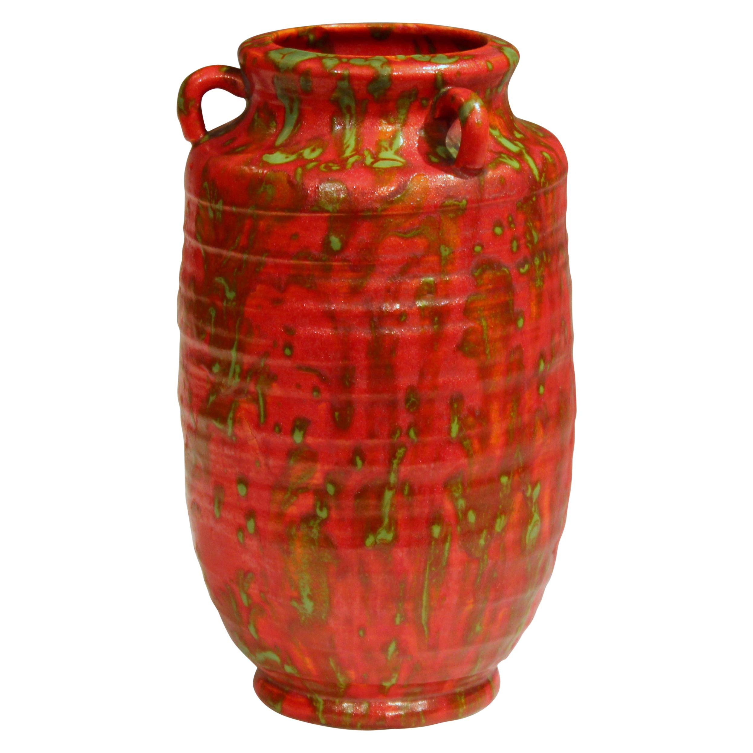 Awaji Pottery Atomic Chrome Red Art Deco Hot Lava Japanese Vase For Sale