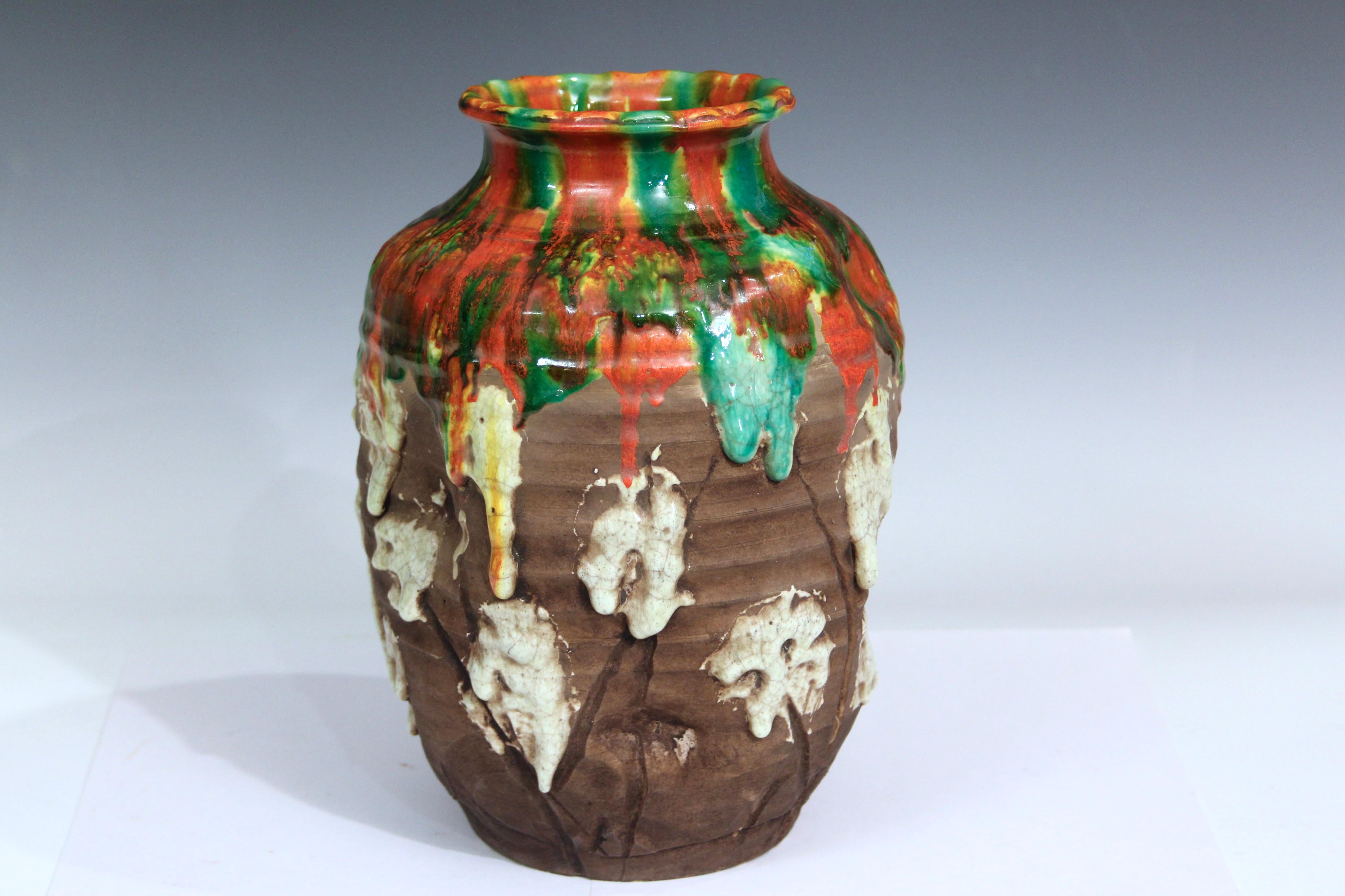 Art Deco Awaji Pottery Atomic Orange Drip Vase For Sale