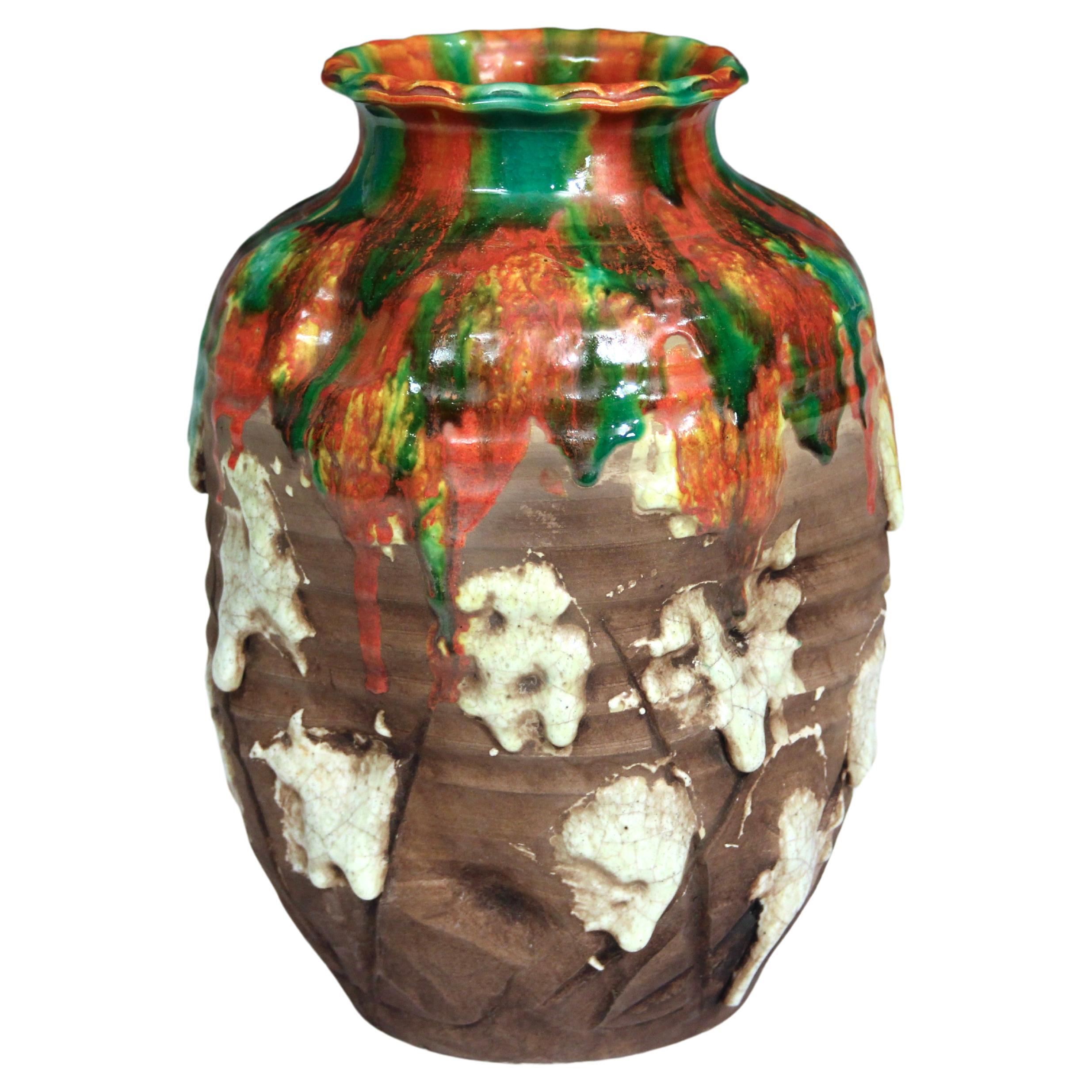 Awaji Pottery Atomic Orange Drip Vase For Sale