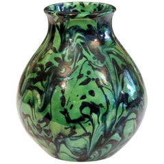 Awaji Pottery Green Marbleized Art Deco Flambe Drip Vase