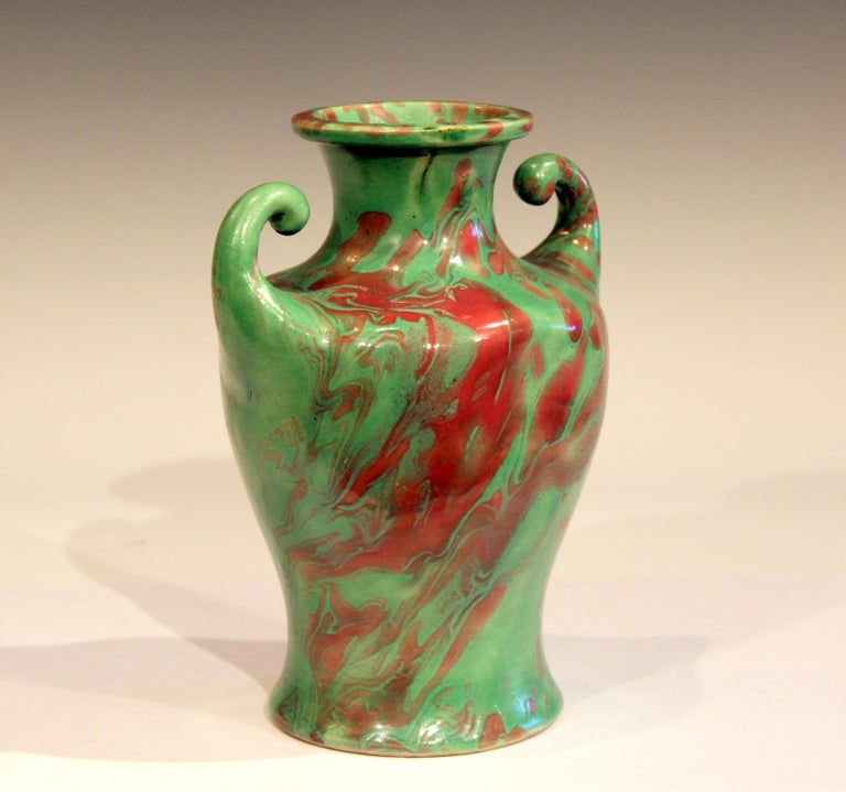 Japanese Awaji Pottery Green Red Marbleized Art Deco Flambe 