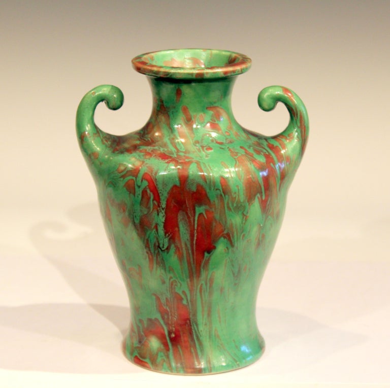 Awaji Pottery Green Red Marbleized Art Deco Flambe 