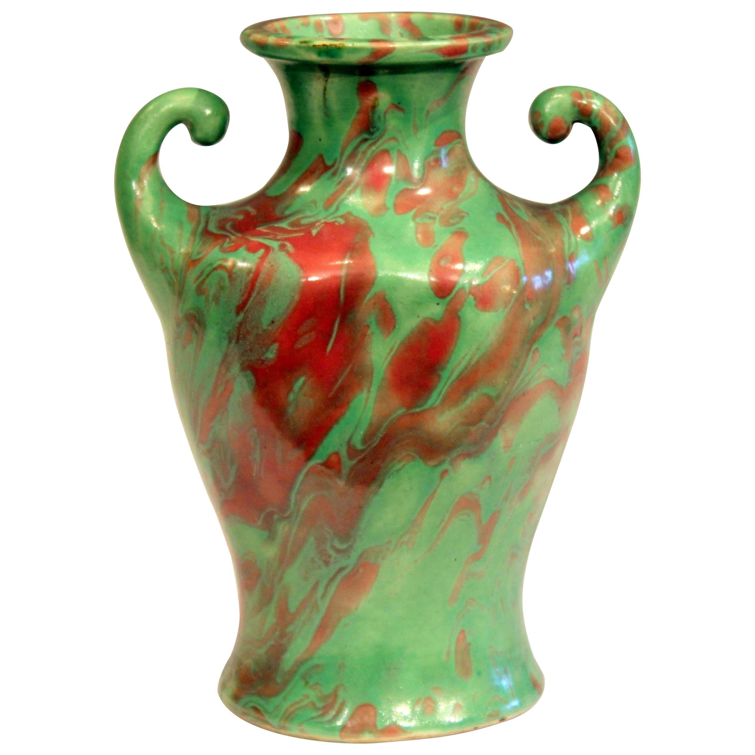 Awaji Pottery Green Red Marbleized Art Deco Flambe "Muscle" Vase For Sale