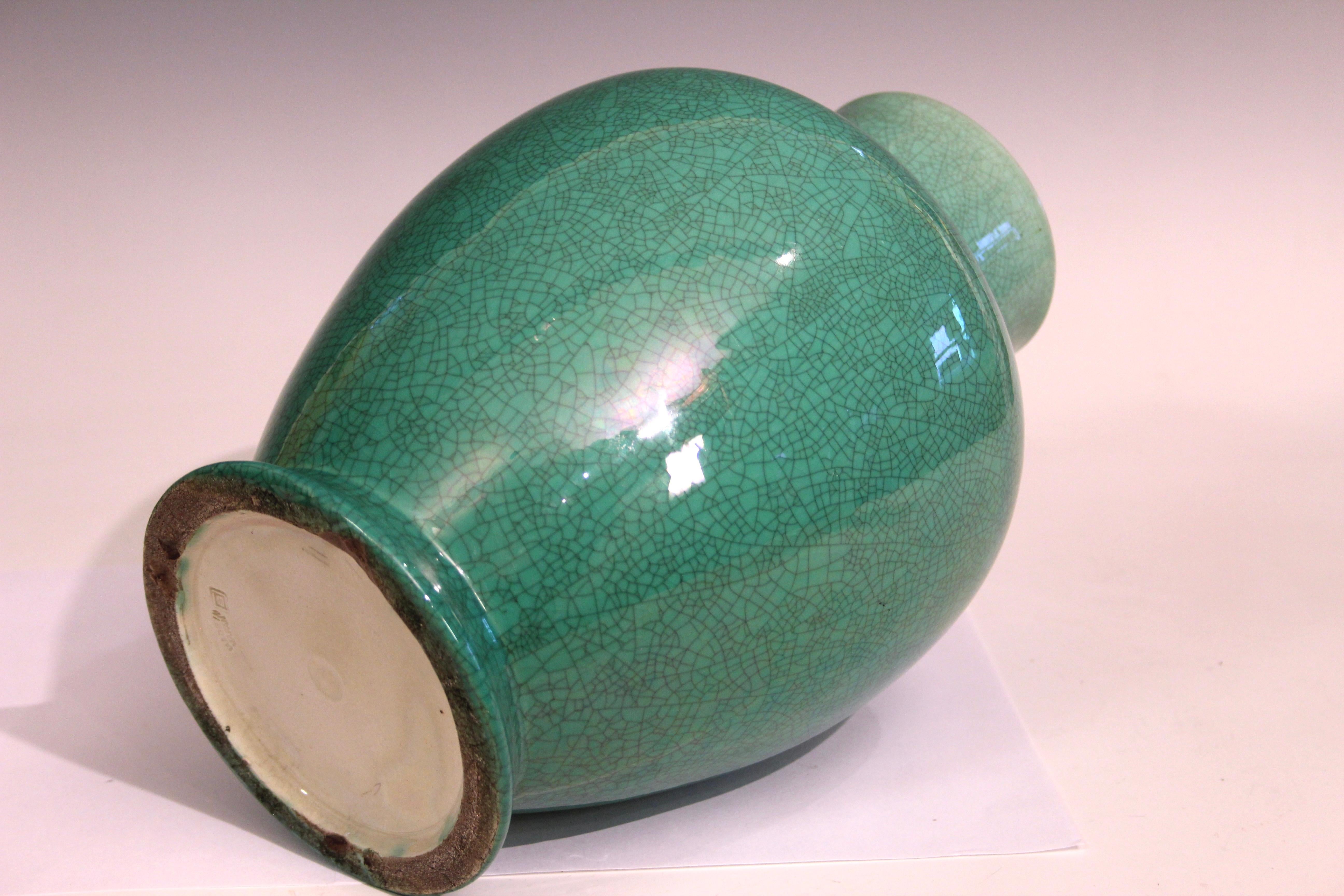 Art Deco Awaji Pottery Hu Form Green Crackle Glaze Vase For Sale