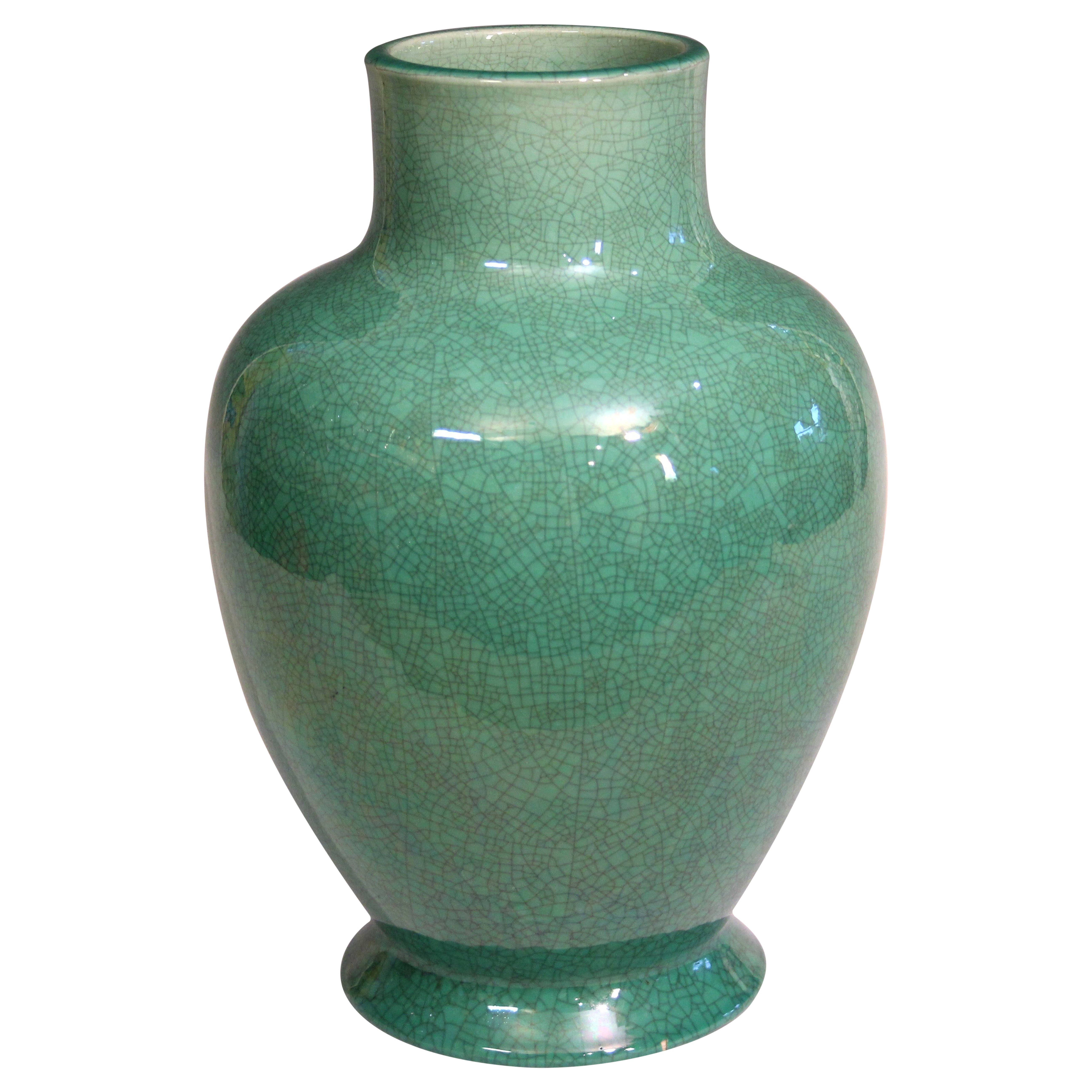 Awaji Pottery Hu Form Green Crackle Glaze Vase For Sale