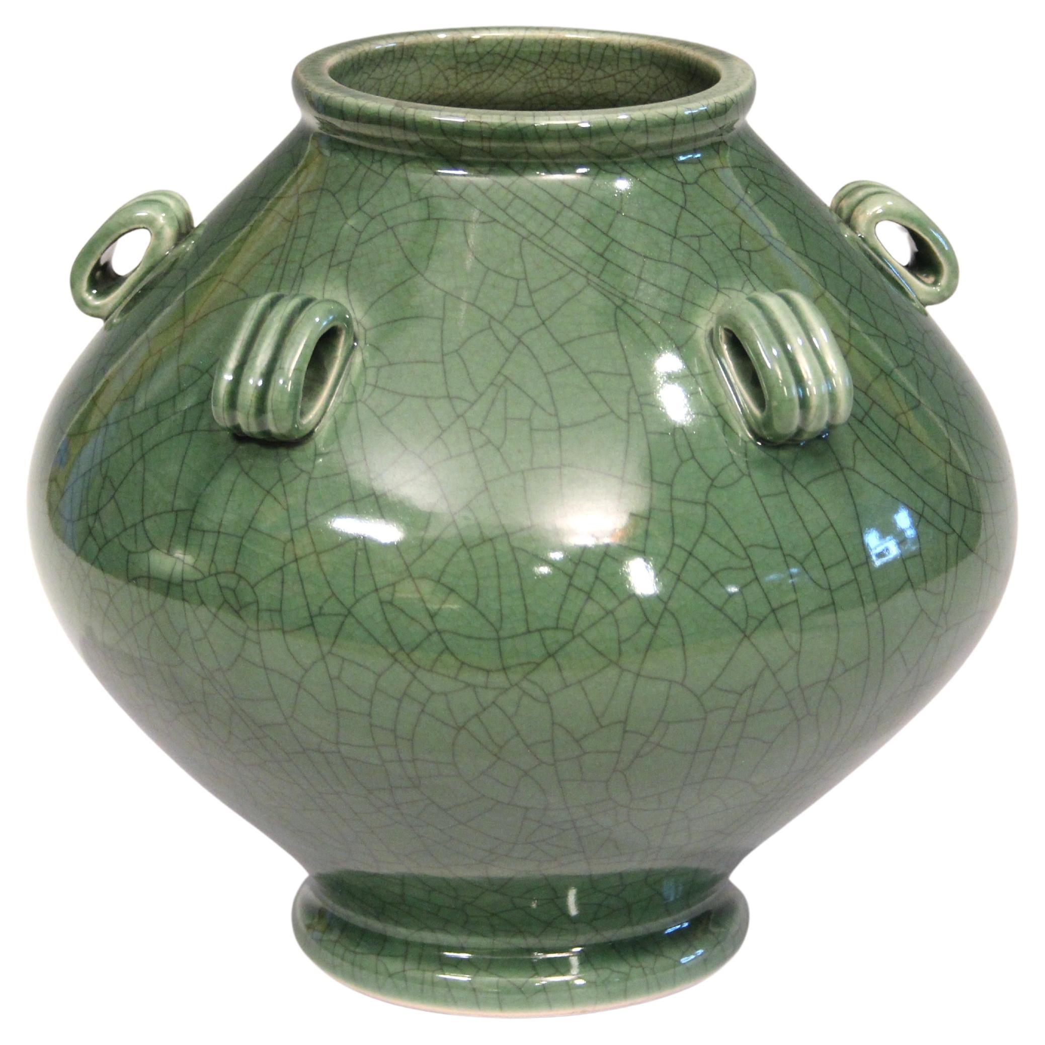 Vaso di Awaji Pottery con smalto verde giada e craquelè