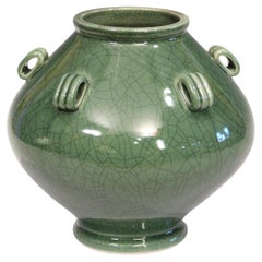 Awaji Pottery Vase mit jadegrüner Craquelé-Glasur