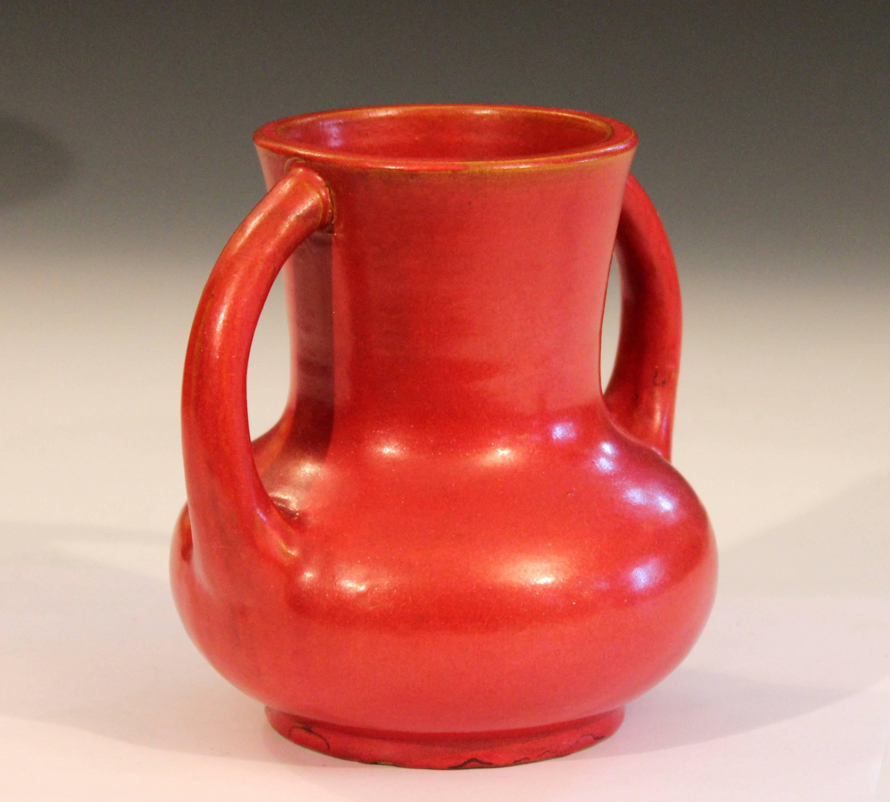 Turned Awaji Pottery Japanese Art Deco Vase Crystalline Chrome Orange Red Glaze