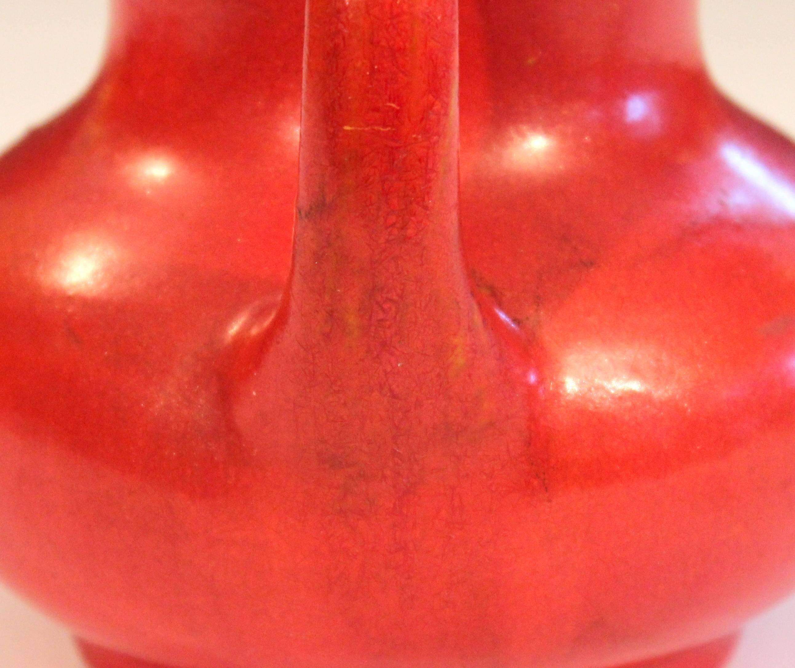 Awaji Pottery Japanese Art Deco Vase Crystalline Chrome Orange Red Glaze 2