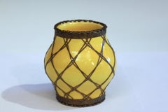 Awaji Pottery Japanese Scholar's Desk Yellow Brush Pot/Pencil Cup Bronze Weave
