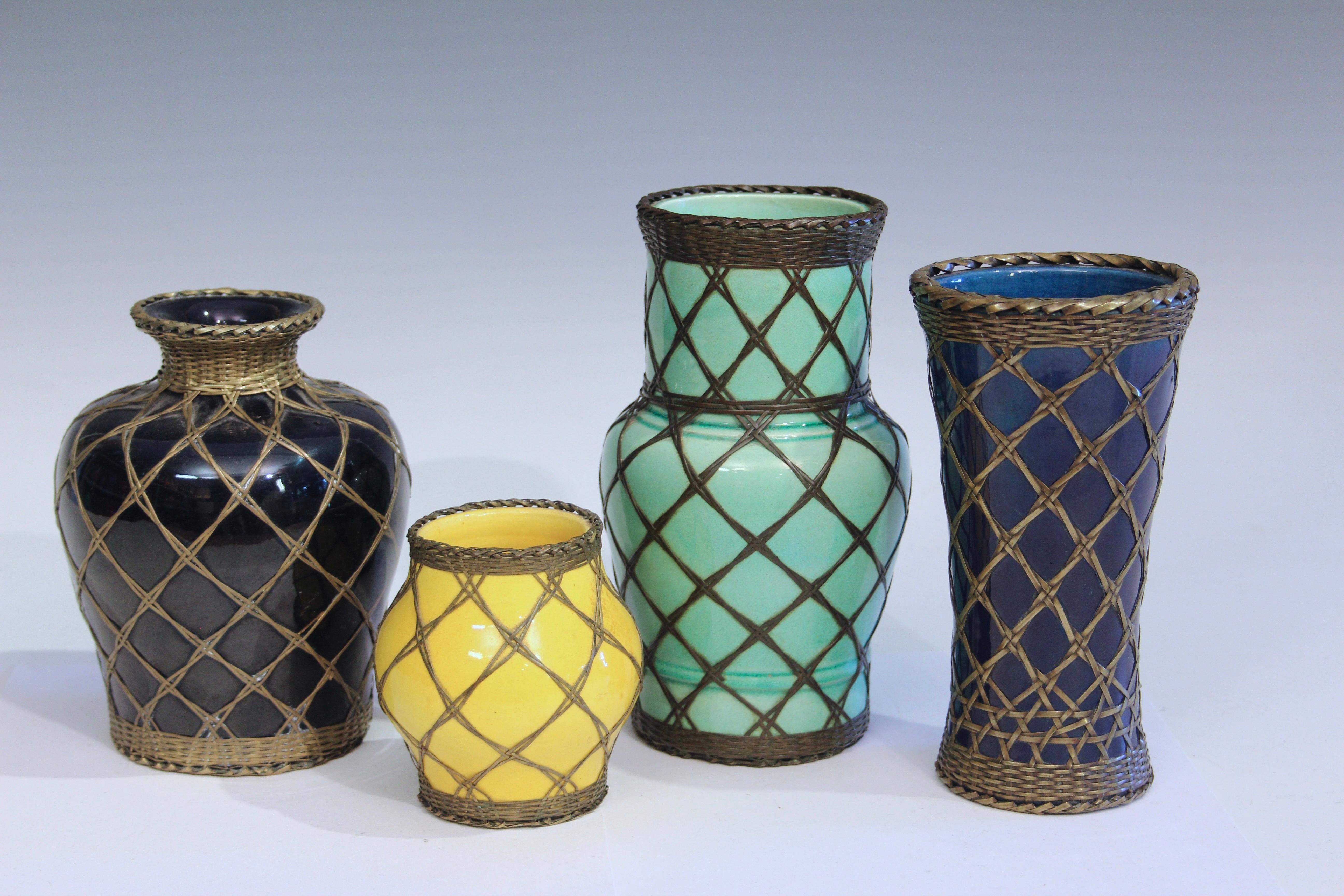 Awaji Pottery Japanese Scholar's Desk Yellow Brush Pot/Pencil Cup Bronze Weave im Angebot 1