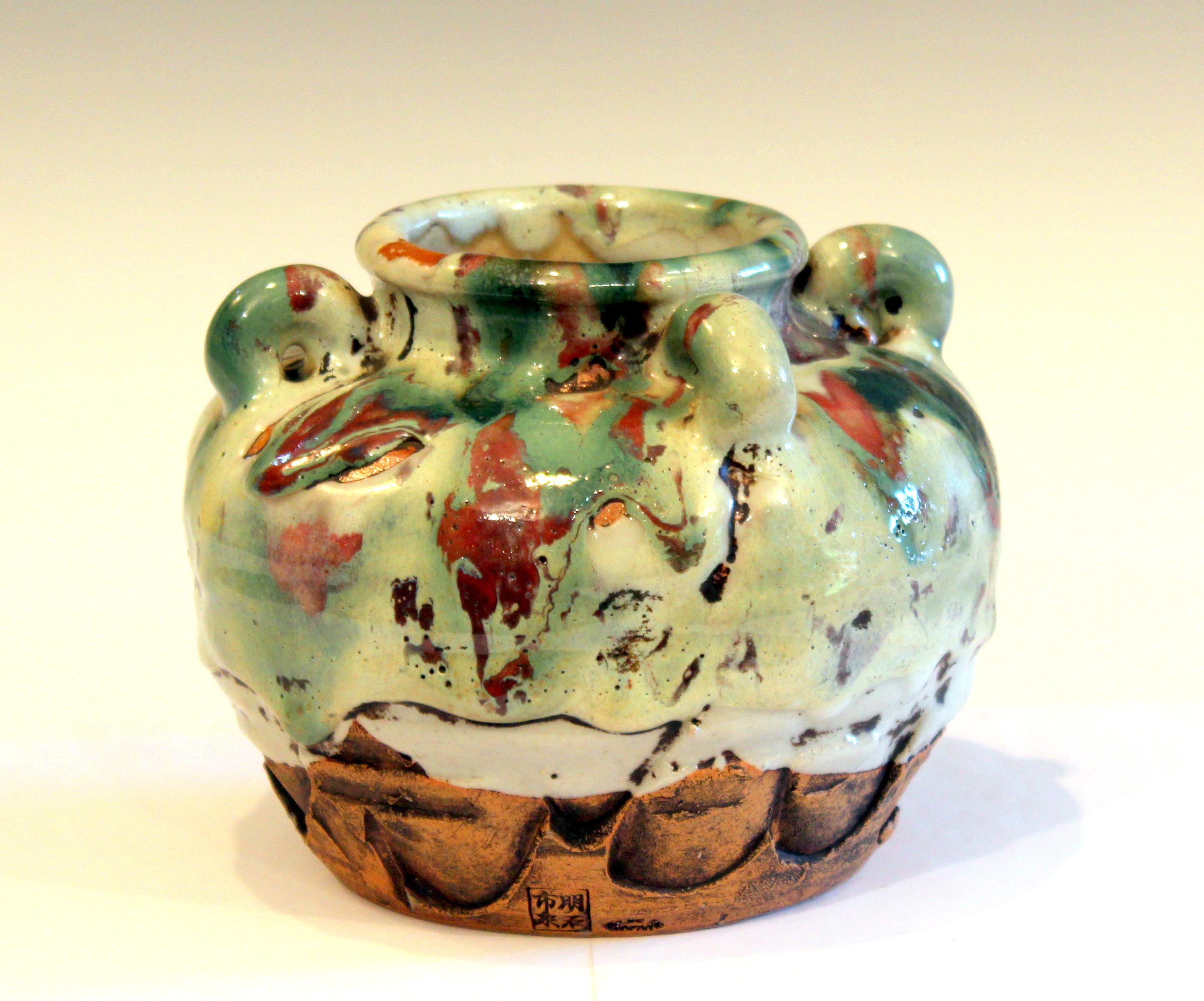 Mid-20th Century Awaji Pottery Manipulated Jar Gloppy Drip Glaze Zen Tea Ceremony Vase For Sale