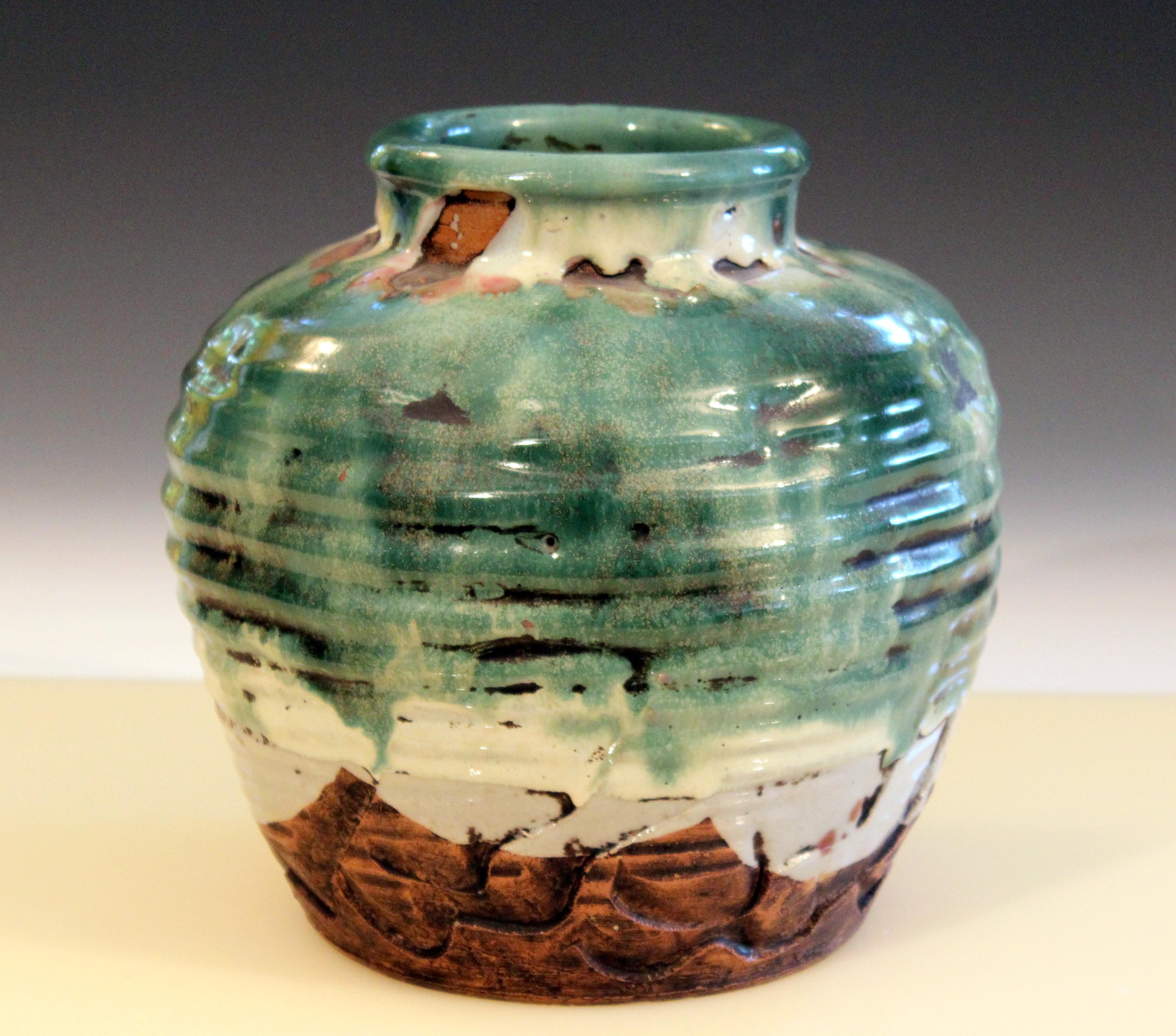 Art Deco Awaji Pottery Manipulated Jar Heavy Drip Lava Glaze Wabi Sabi Tea Ceremony Vase For Sale