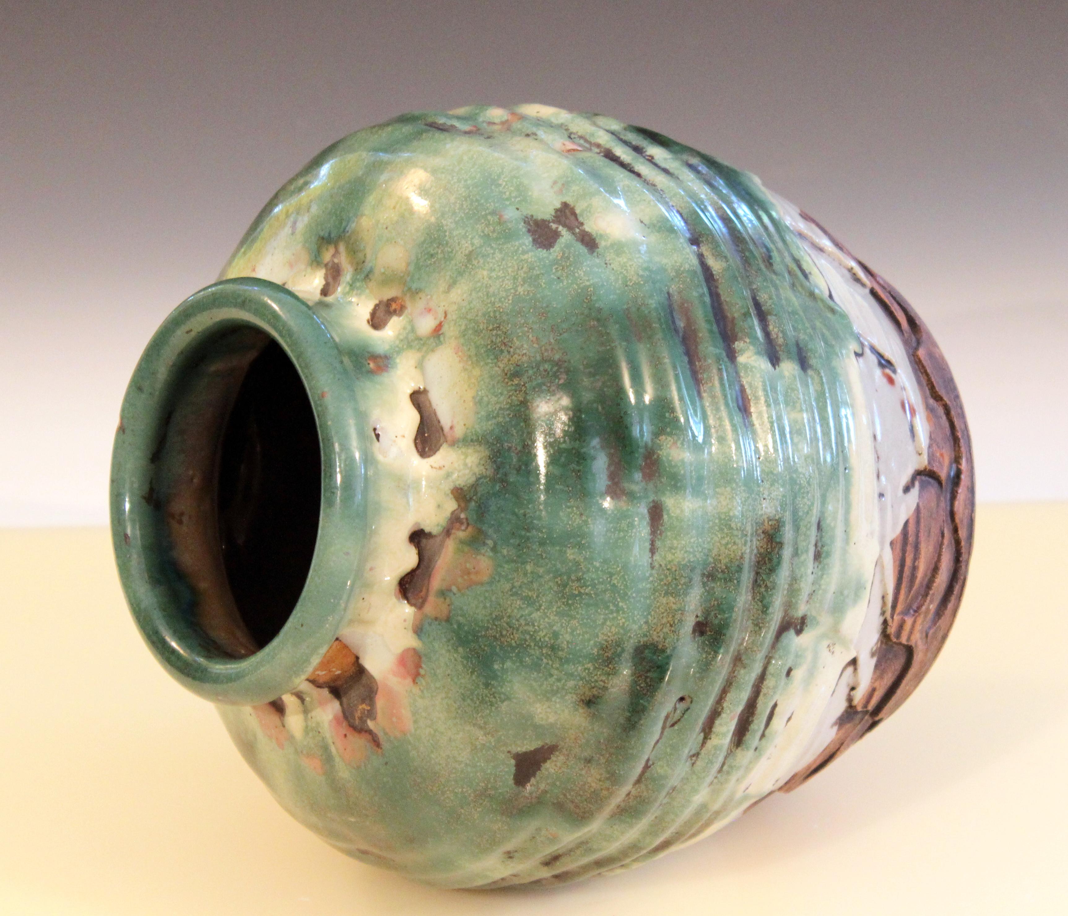 Japanese Awaji Pottery Manipulated Jar Heavy Drip Lava Glaze Wabi Sabi Tea Ceremony Vase For Sale