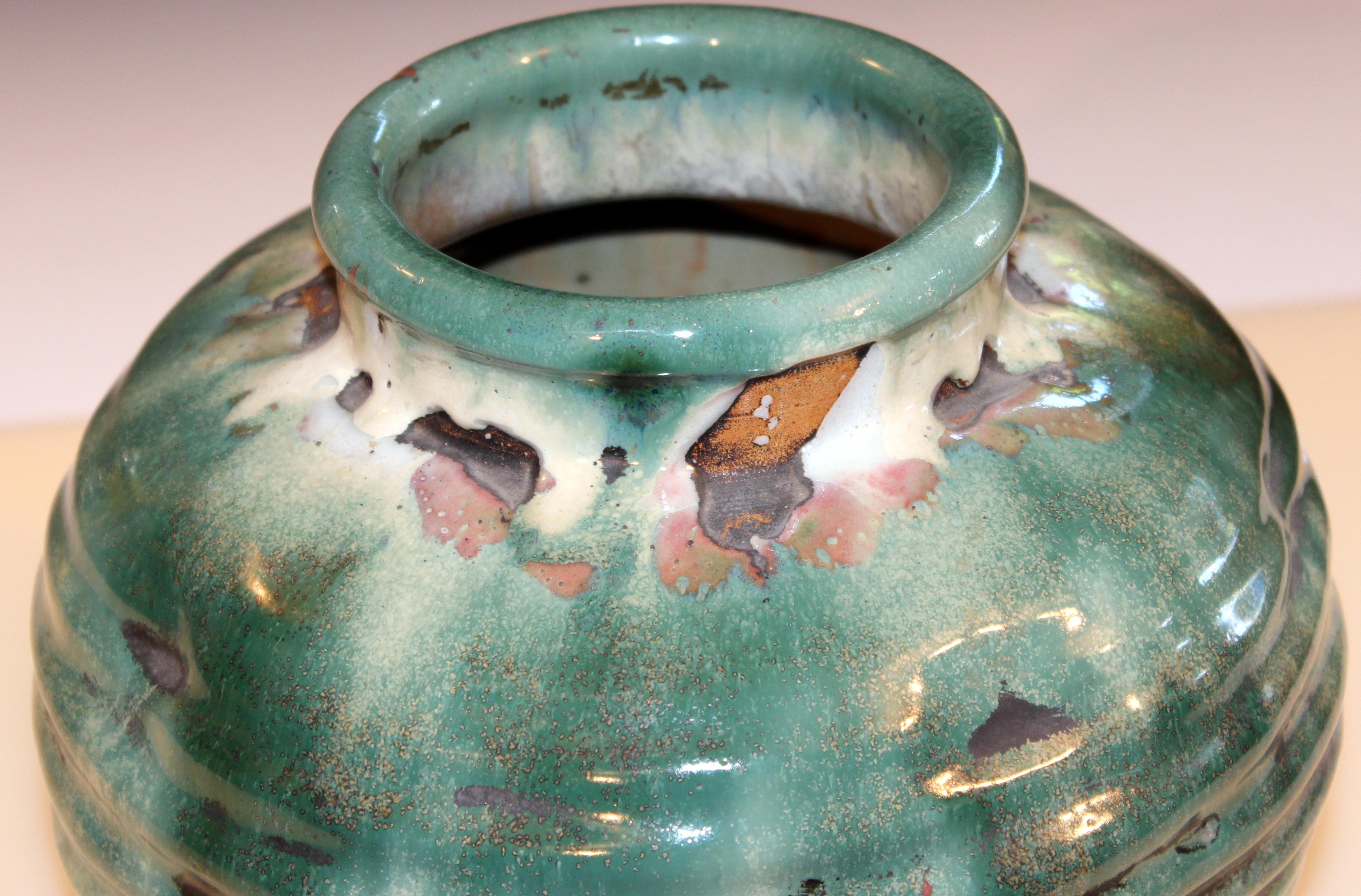 Mid-20th Century Awaji Pottery Manipulated Jar Heavy Drip Lava Glaze Wabi Sabi Tea Ceremony Vase For Sale
