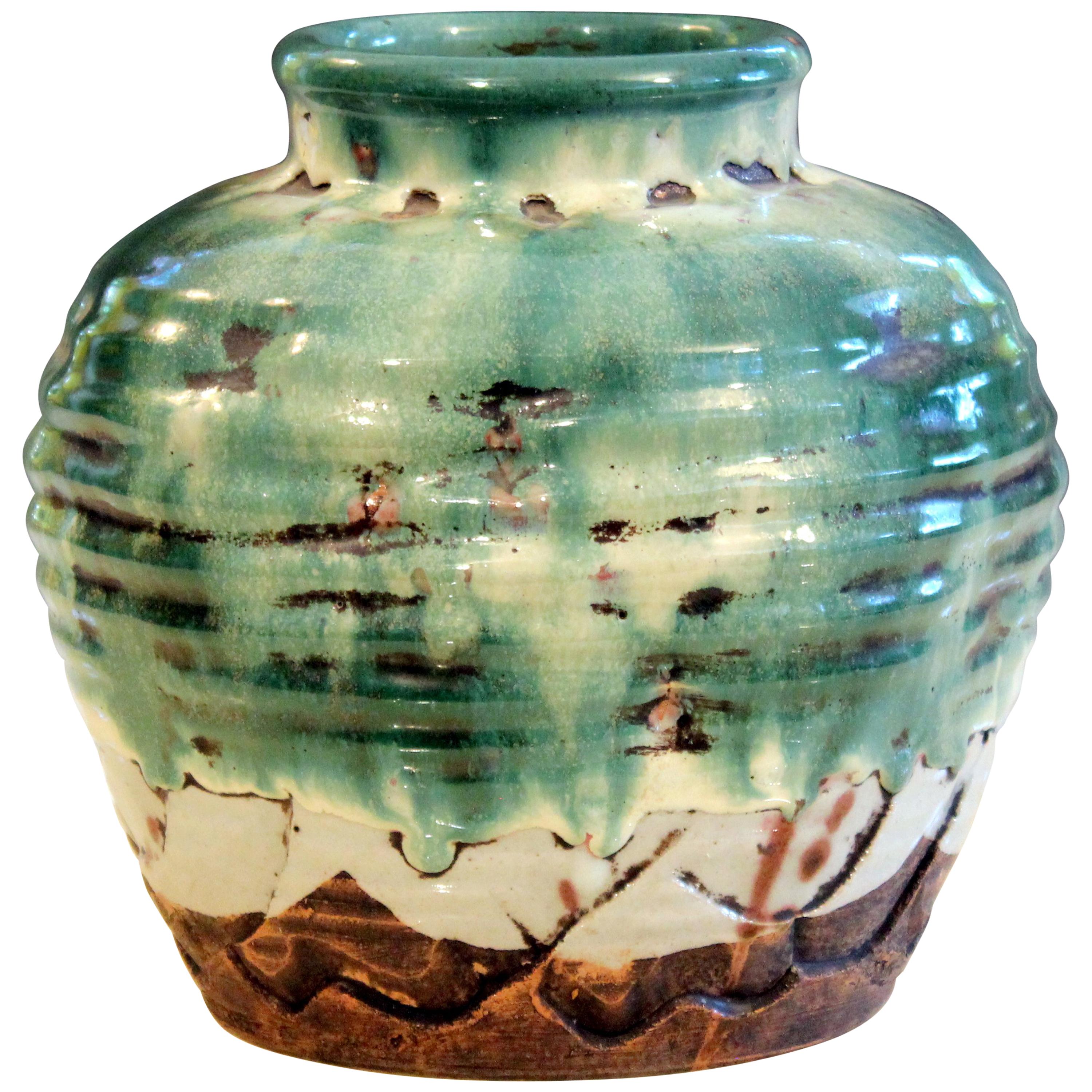 Awaji Pottery Manipulated Jar Heavy Drip Lava Glaze Wabi Sabi Tea Ceremony Vase For Sale