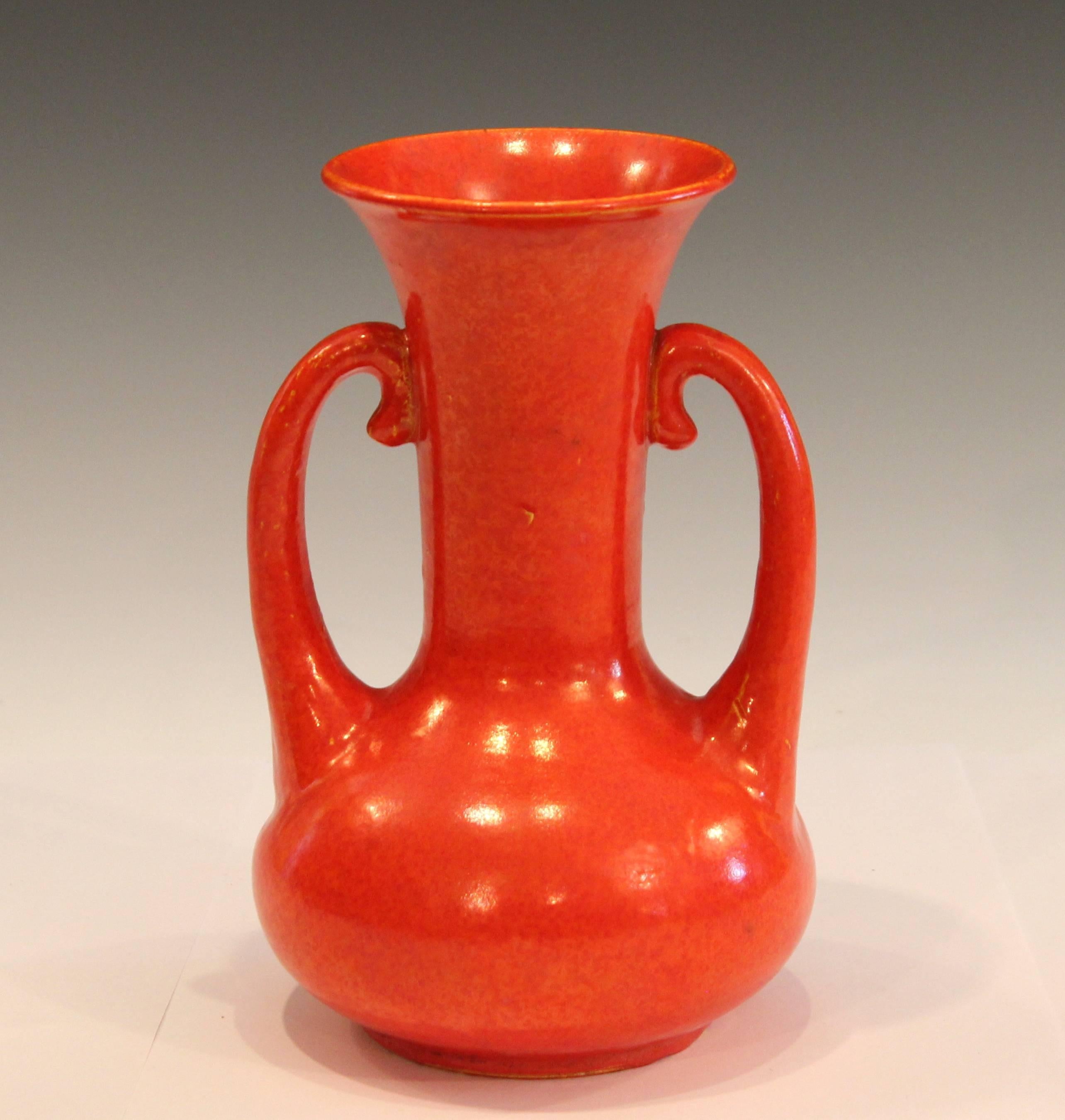 Vintage hand-turned Awaji Pottery vase with great atomic chrome orange glaze, circa 1930. Impressed marks partially obscured by glaze. 8