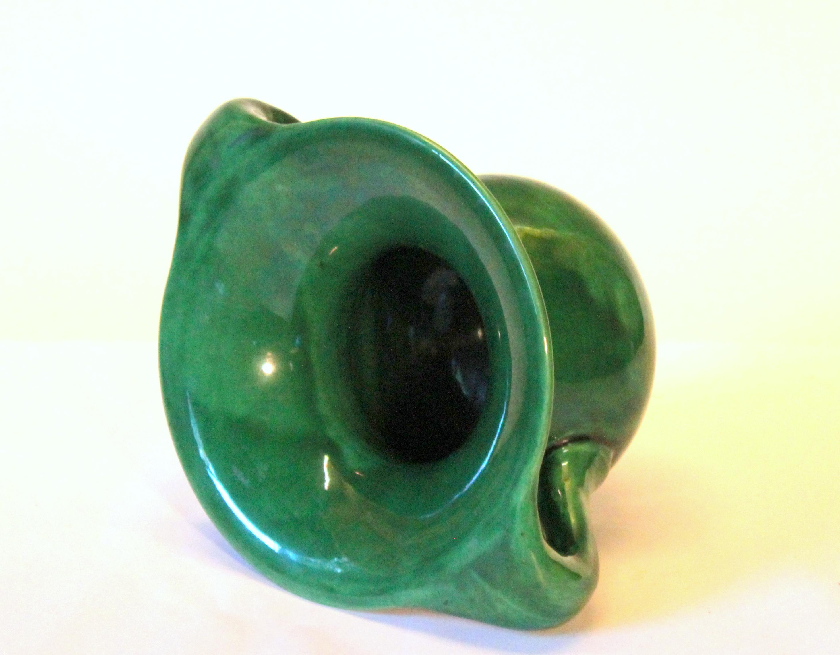 Early 20th Century Awaji Pottery Organic Art Nouveau Curvy Monochrome Green Vase