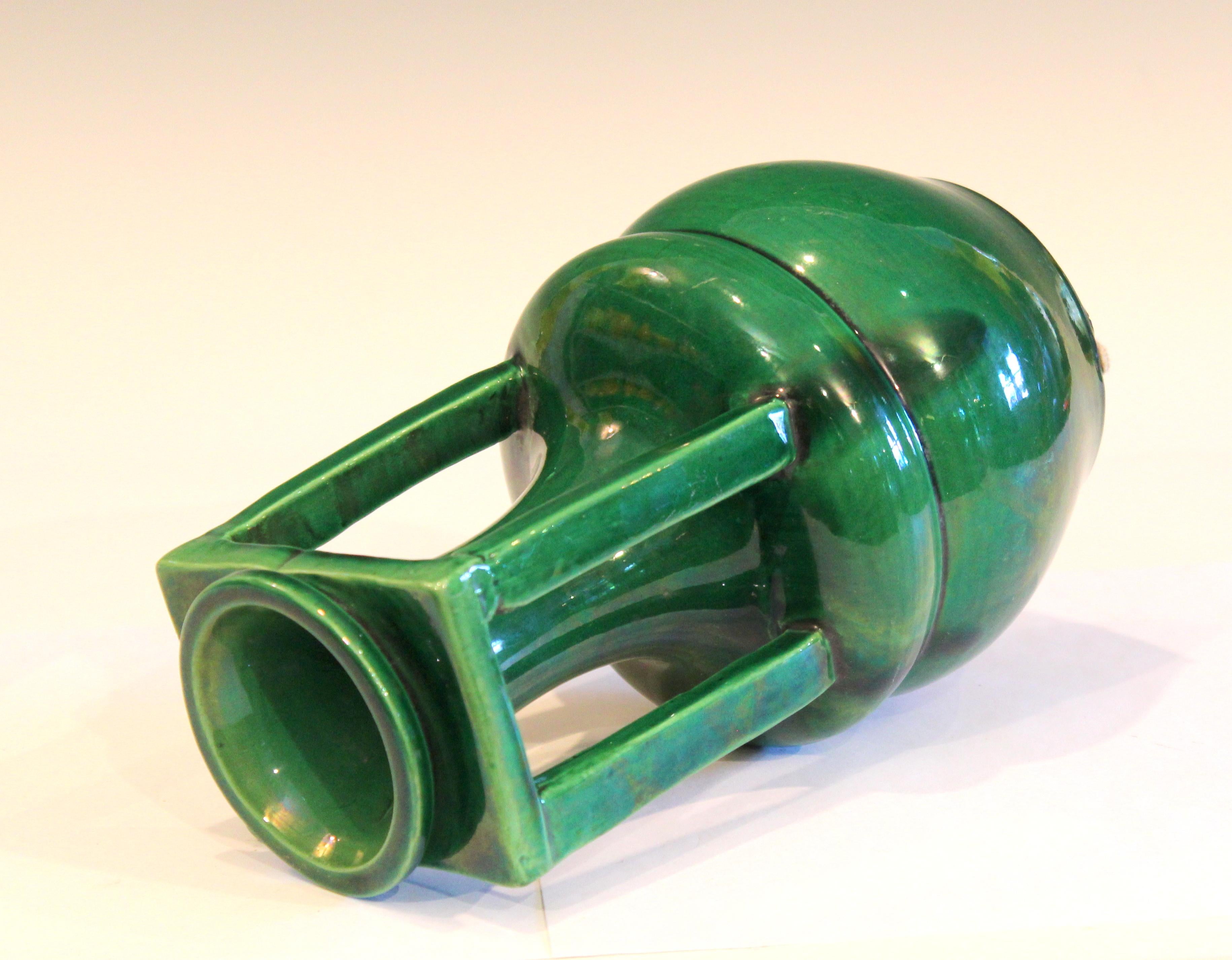 Arts and Crafts Awaji Pottery Organic Buttress Handle Arts & Crafts Green Monochrome Vase