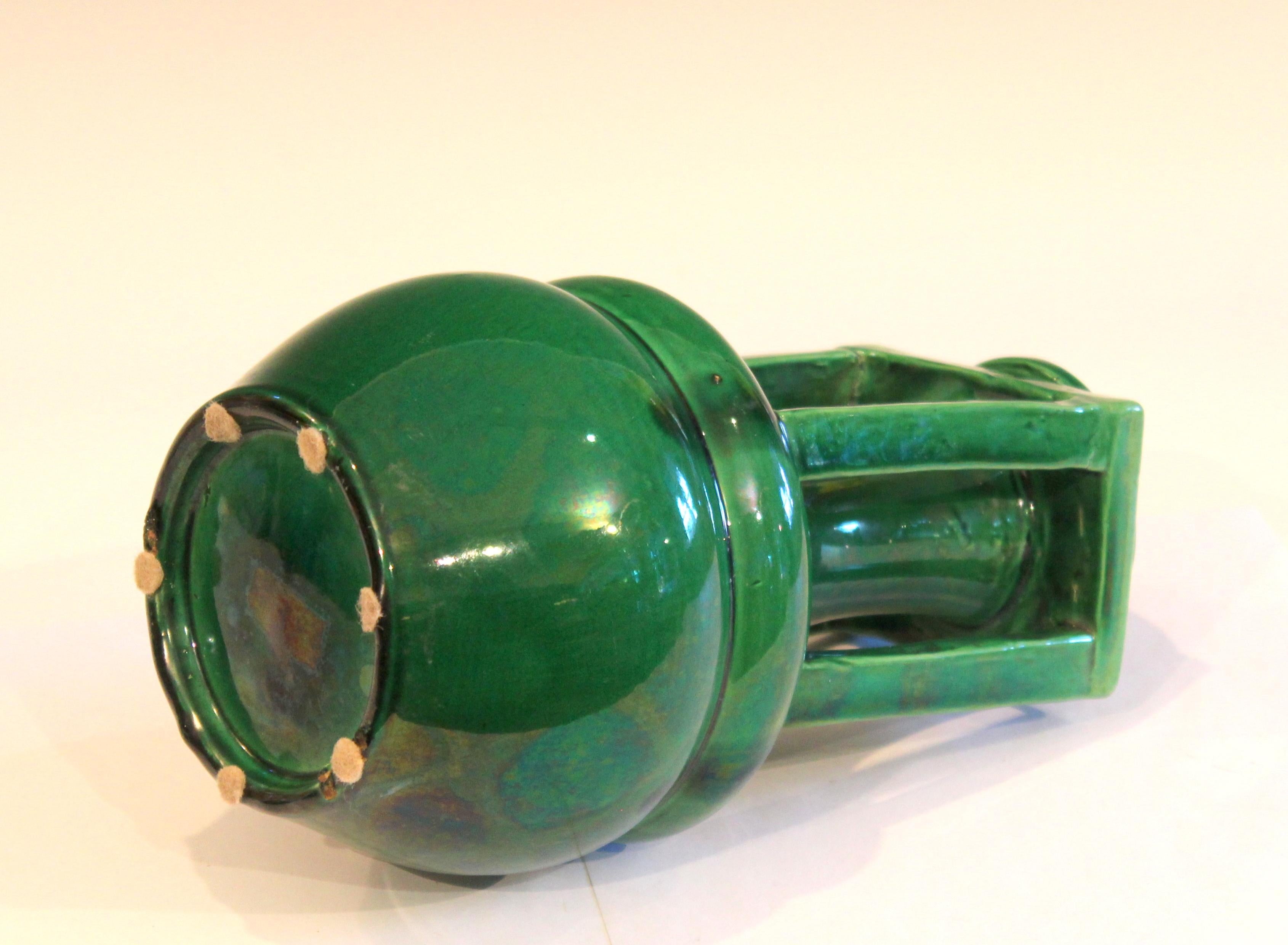 Japanese Awaji Pottery Organic Buttress Handle Arts & Crafts Green Monochrome Vase