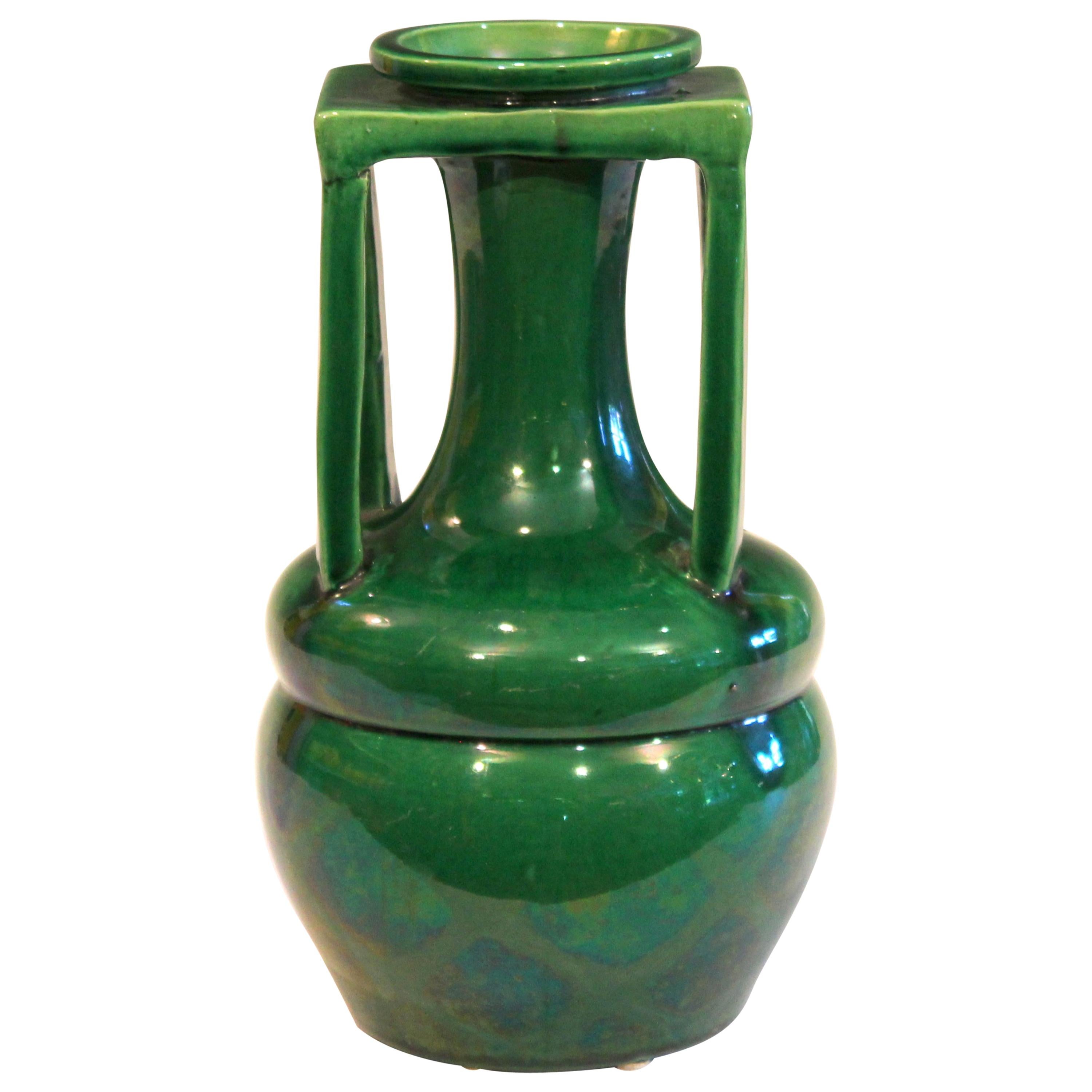 Awaji Pottery Organic Buttress Handle Arts & Crafts Green Monochrome Vase