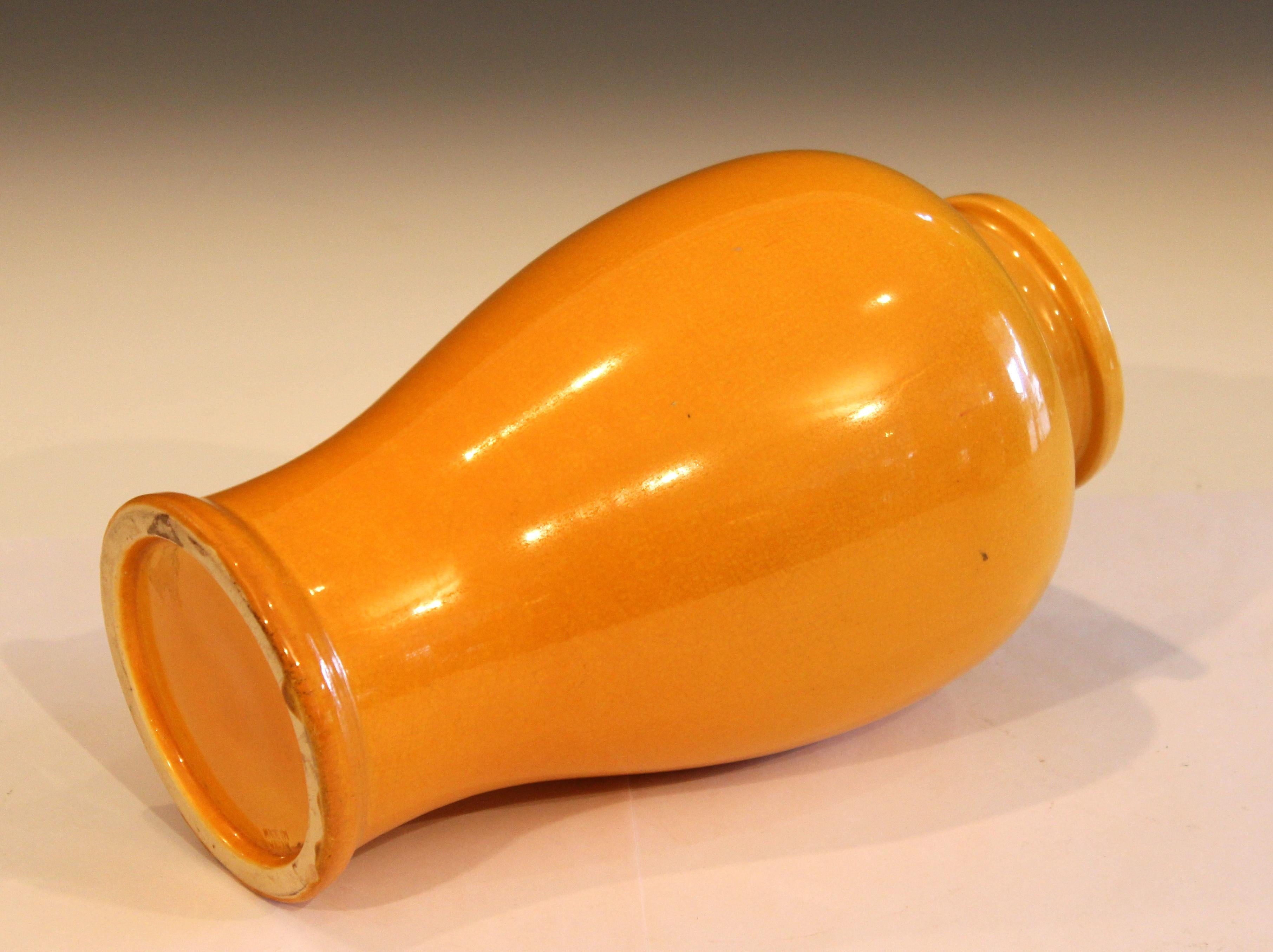 Japanese Awaji Pottery Wide Neck Bottle Vase in Yellow Monochrome Glaze