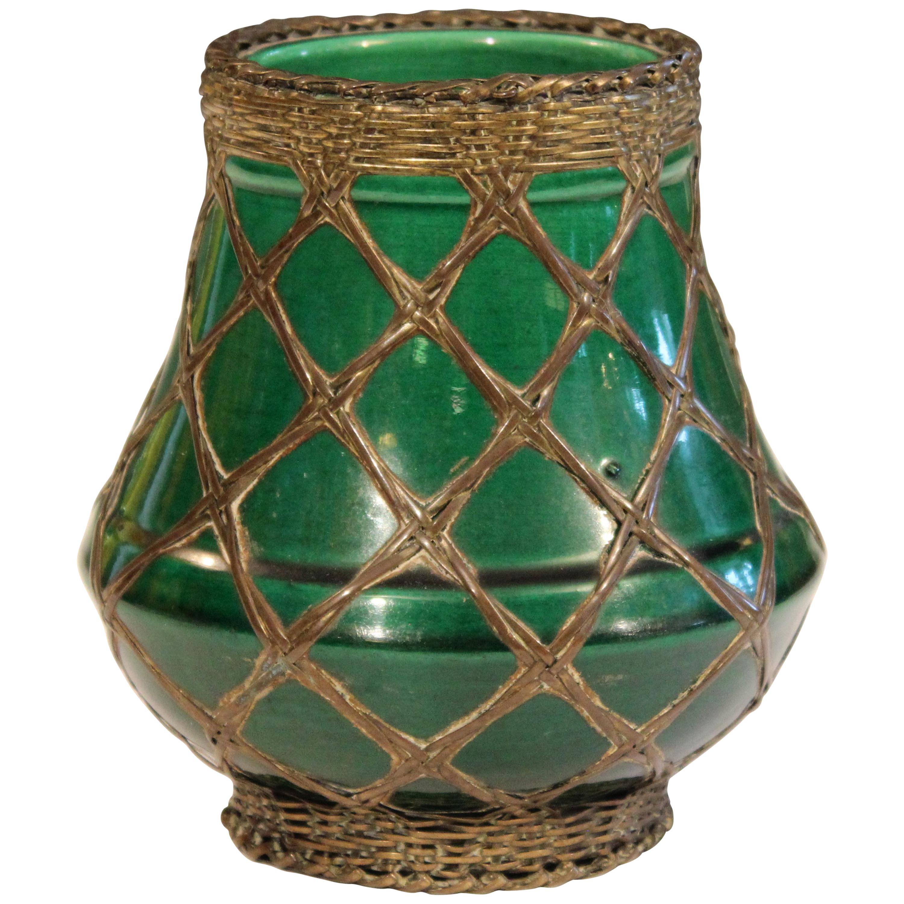 Awaji Shima Pottery Brush Pot Artist's Vase Arts & Crafts Bronze Weaving For Sale