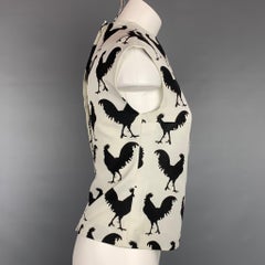 AWAKE 2014 Size 2 White & Black Twill Rooster Print Cotton / Viscose Blouse