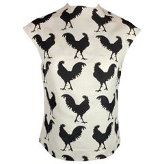 AWAKE 2014 Taglia 2 Camicetta in cotone e viscosa con stampa gallo in twill bianco e nero
