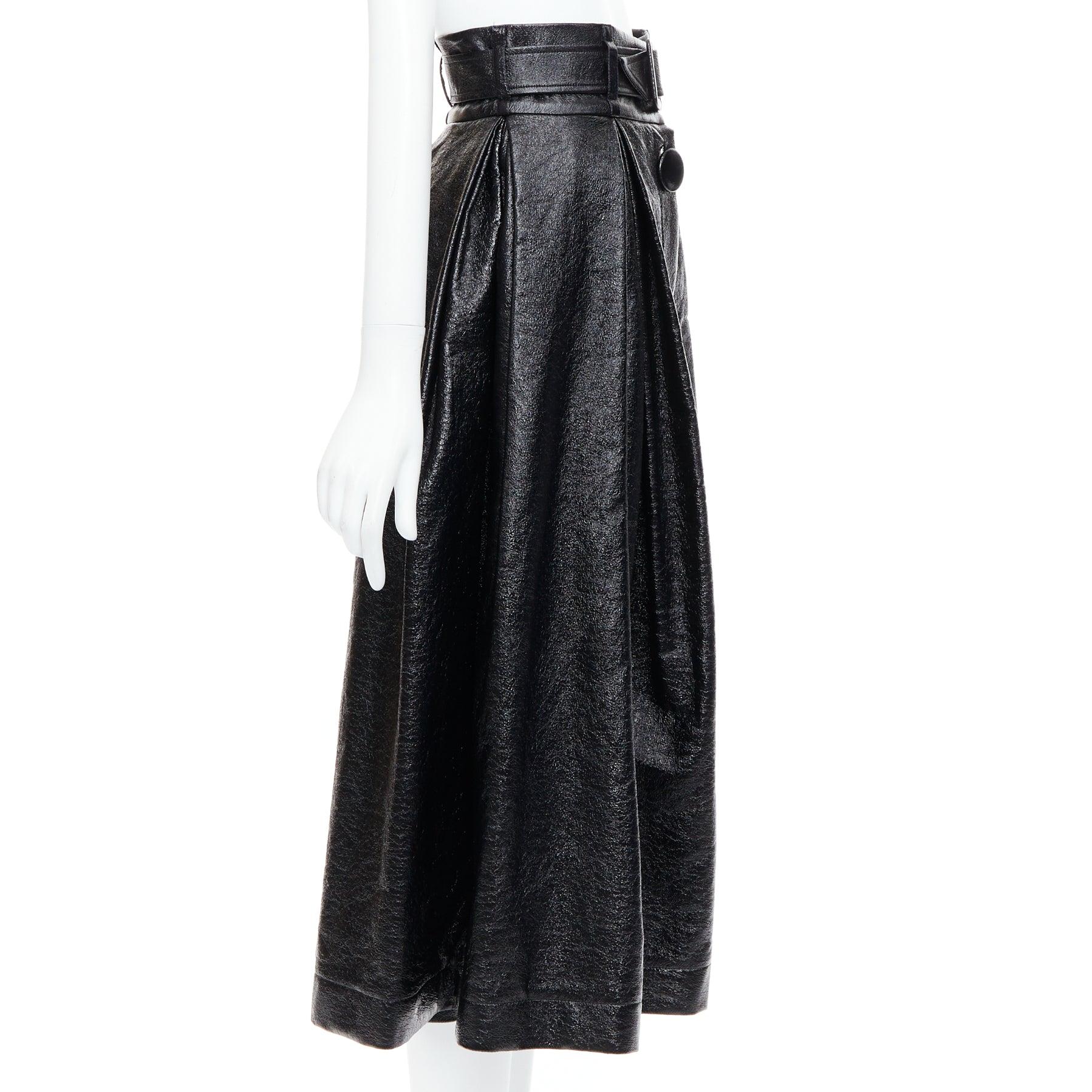 AWAKE MODE black coated cotton vegan leather belted midi skirt FR34 XS In Excellent Condition In Hong Kong, NT