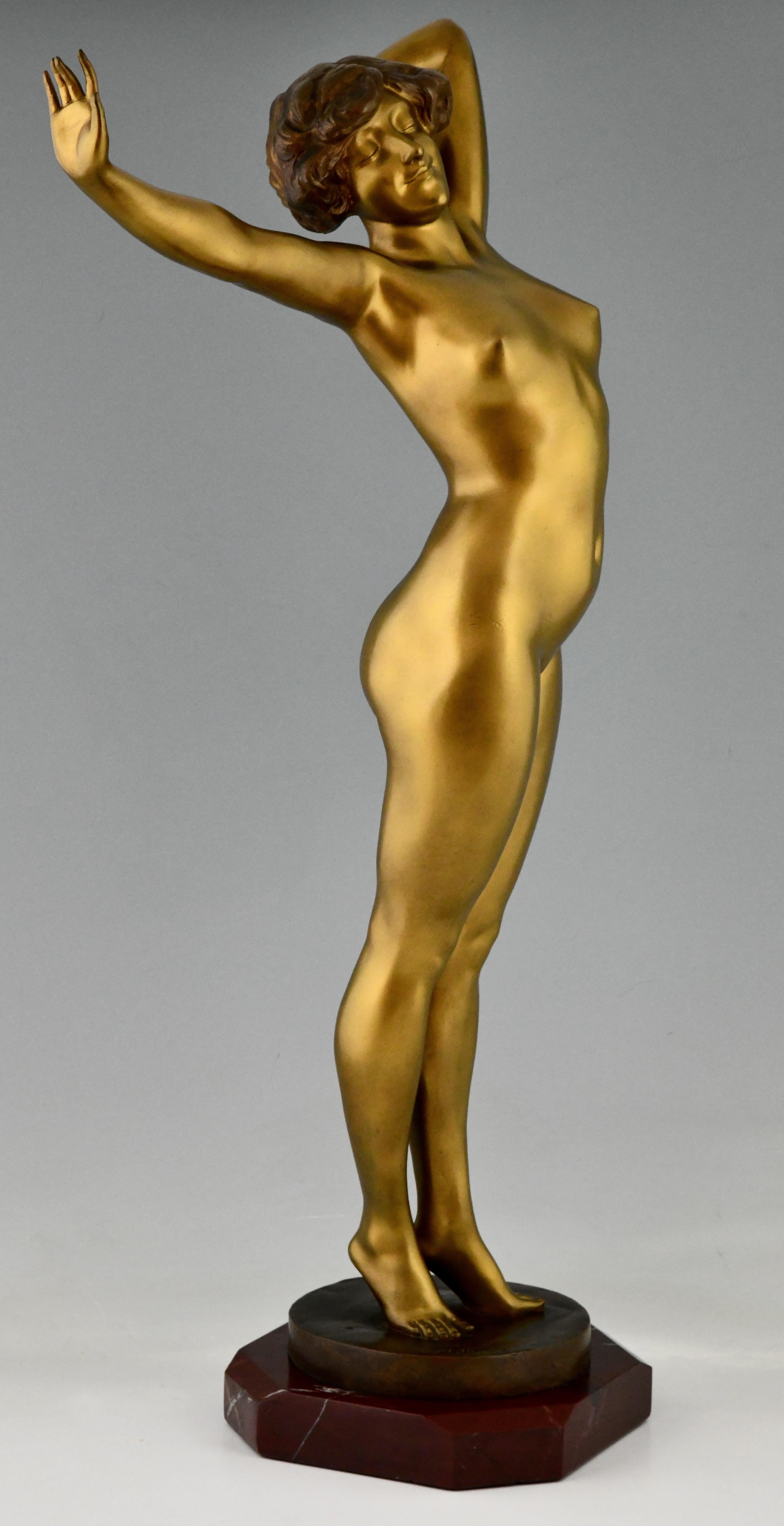 French Awakening Art Deco Bronze Sculpture Nude by Paul Philippe, France, 1920