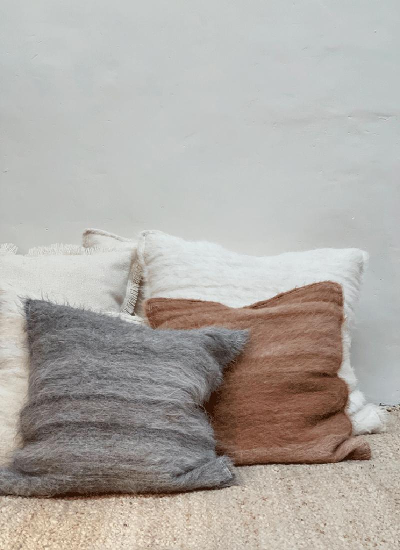 Organic Modern Awanay Throw Pillow, Camel Sienna Handwoven Soft Fuzzy Llama Wool For Sale