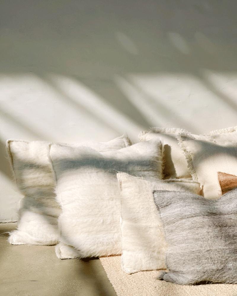 Argentine Awanay Throw Pillow, White Blanco Handwoven Fair Trade Llama Wool For Sale
