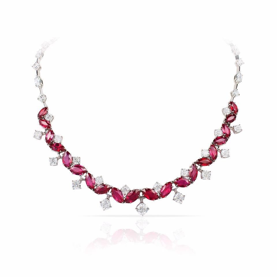 29.30 CARATS OF NO HEAT MOZAMBIQUE MARQUISE RUBIES AND 21.61 CARATS OF MARQUISE AND CUSHION DIAMONDS (WITH GIA REPORTS FOR EVERY DIAMOND D-F VVS/VS) IN HANDMADE PLATINUM (45.84 Grams) NECKLACE. THIS NECKLACE WON 1ST PLACE FOR 