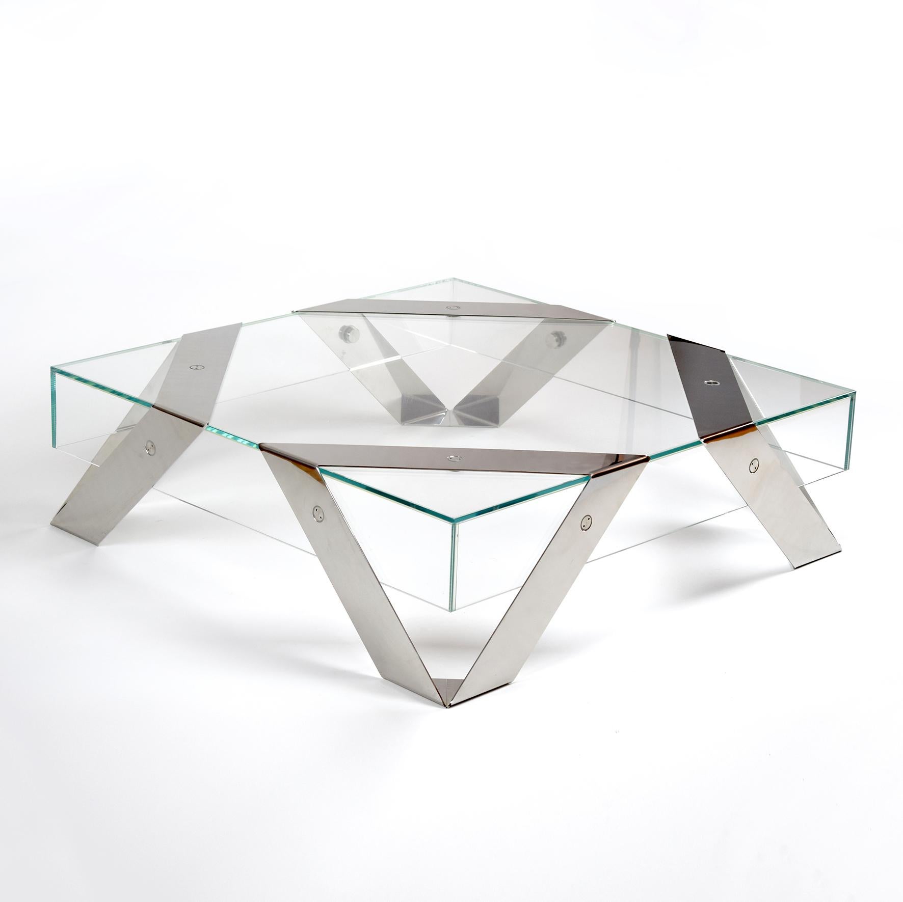 Contemporary Modern Minimalist Square Center Coffee Table Glass and Brushed Stainless Steel For Sale