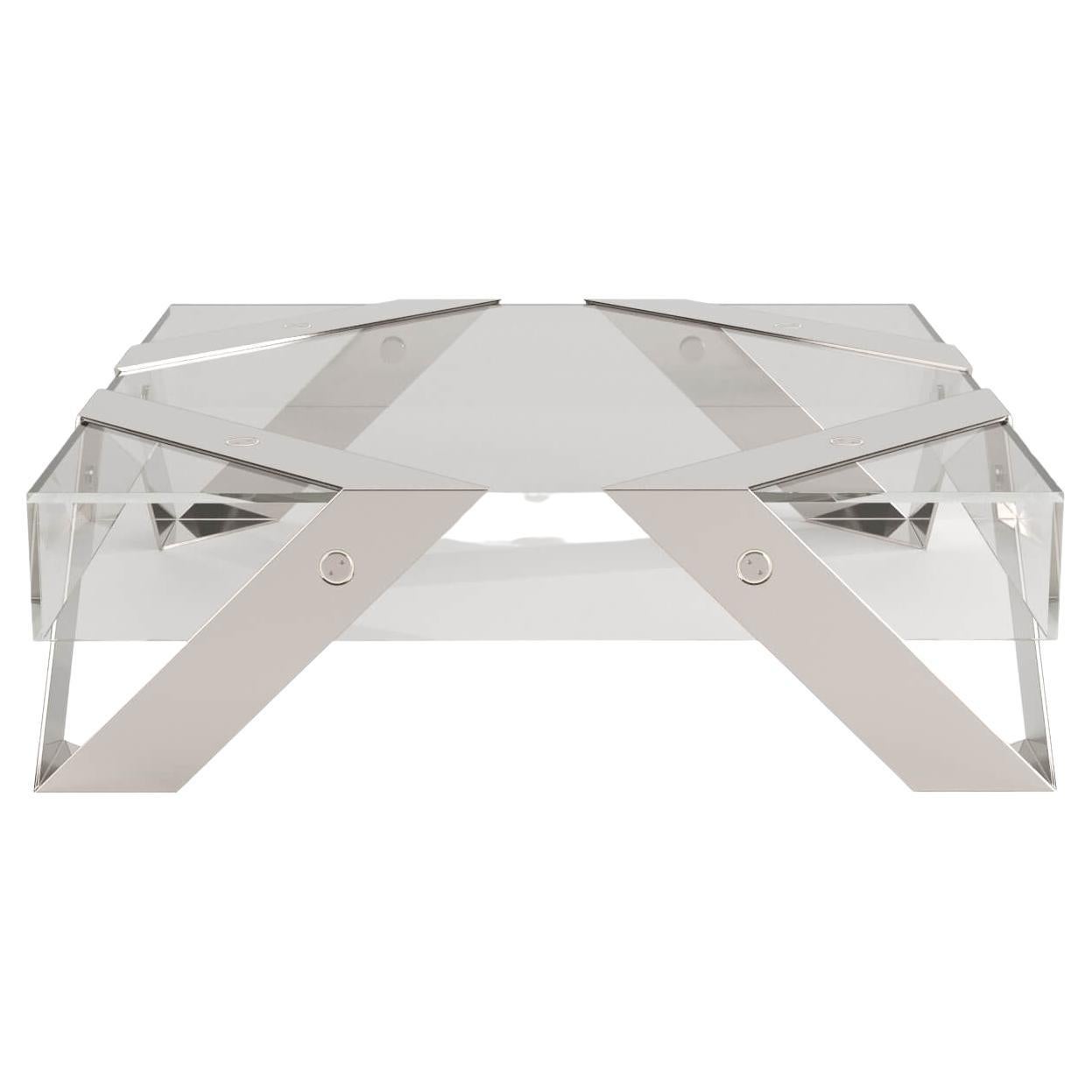 Award-Winning Center Coffee Table in Tempered Glass and Polished Stainless Steel