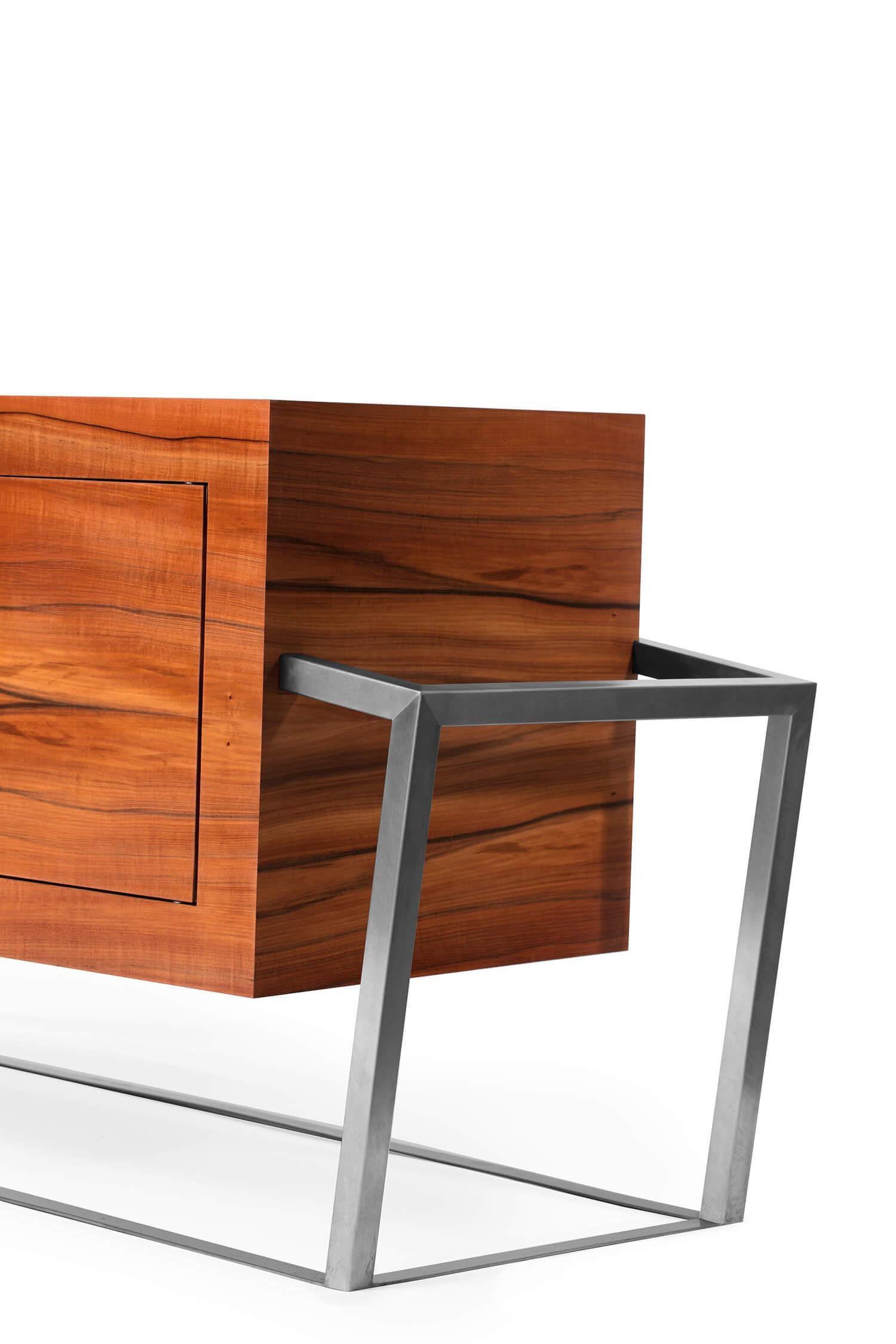 Cut Steel Modern Accent Credenza Sideboard in Tineo Wood and Brushed Stainless Steel For Sale