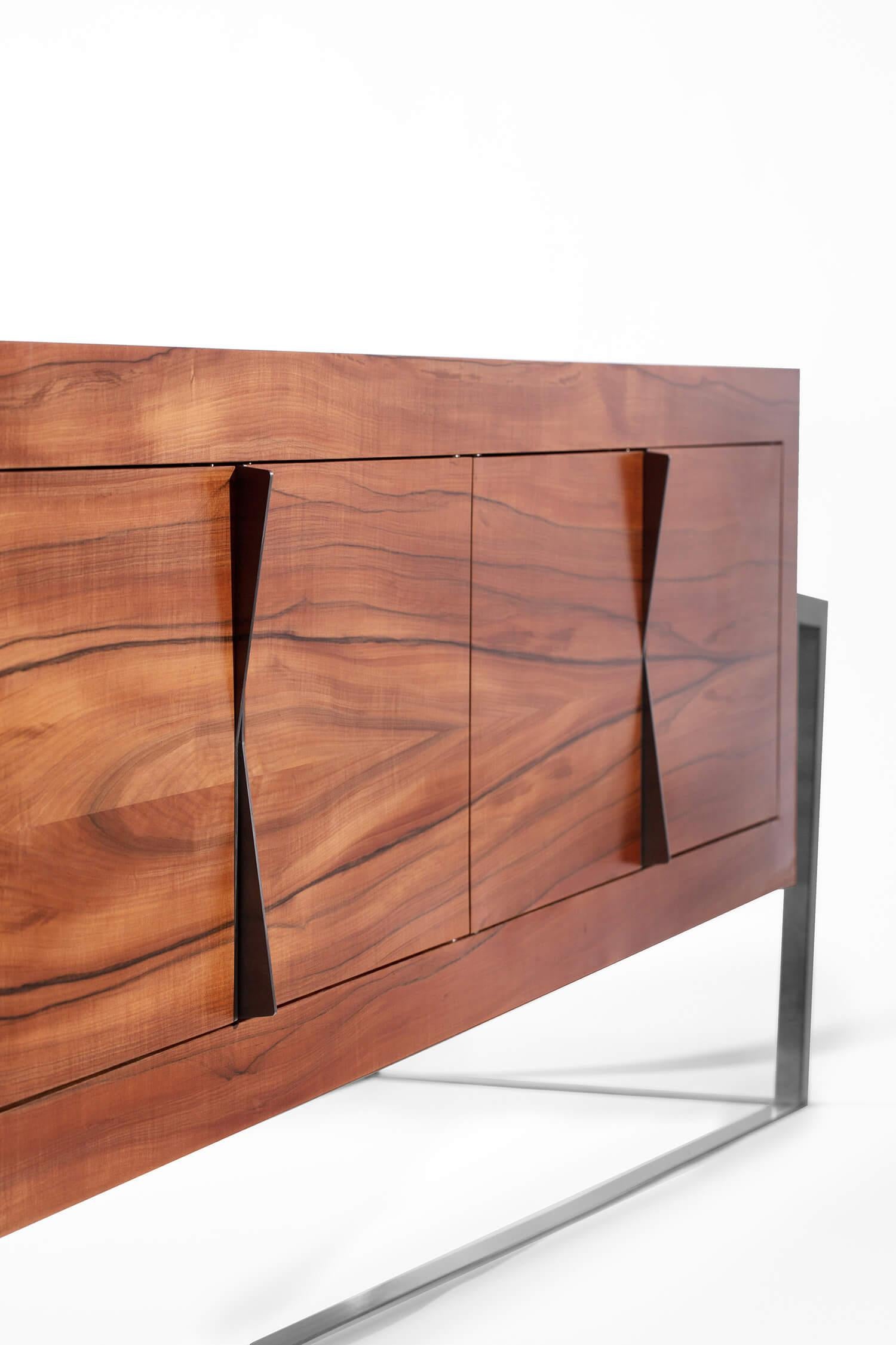Contemporary Modern Accent Credenza Sideboard in Tineo Wood and Brushed Stainless Steel For Sale